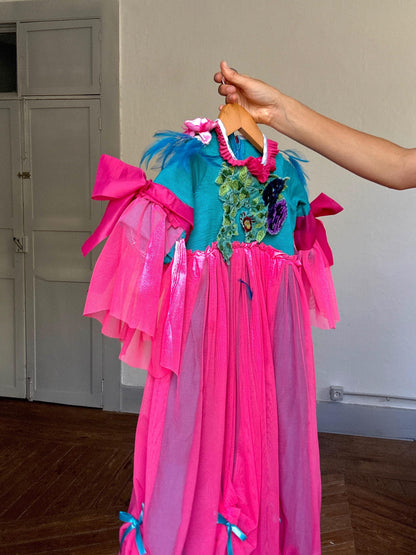 Pink & Teal Feather Princess Dress, Handmade Kids Costume