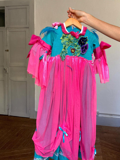 Pink & Teal Feather Princess Dress, Handmade Kids Costume
