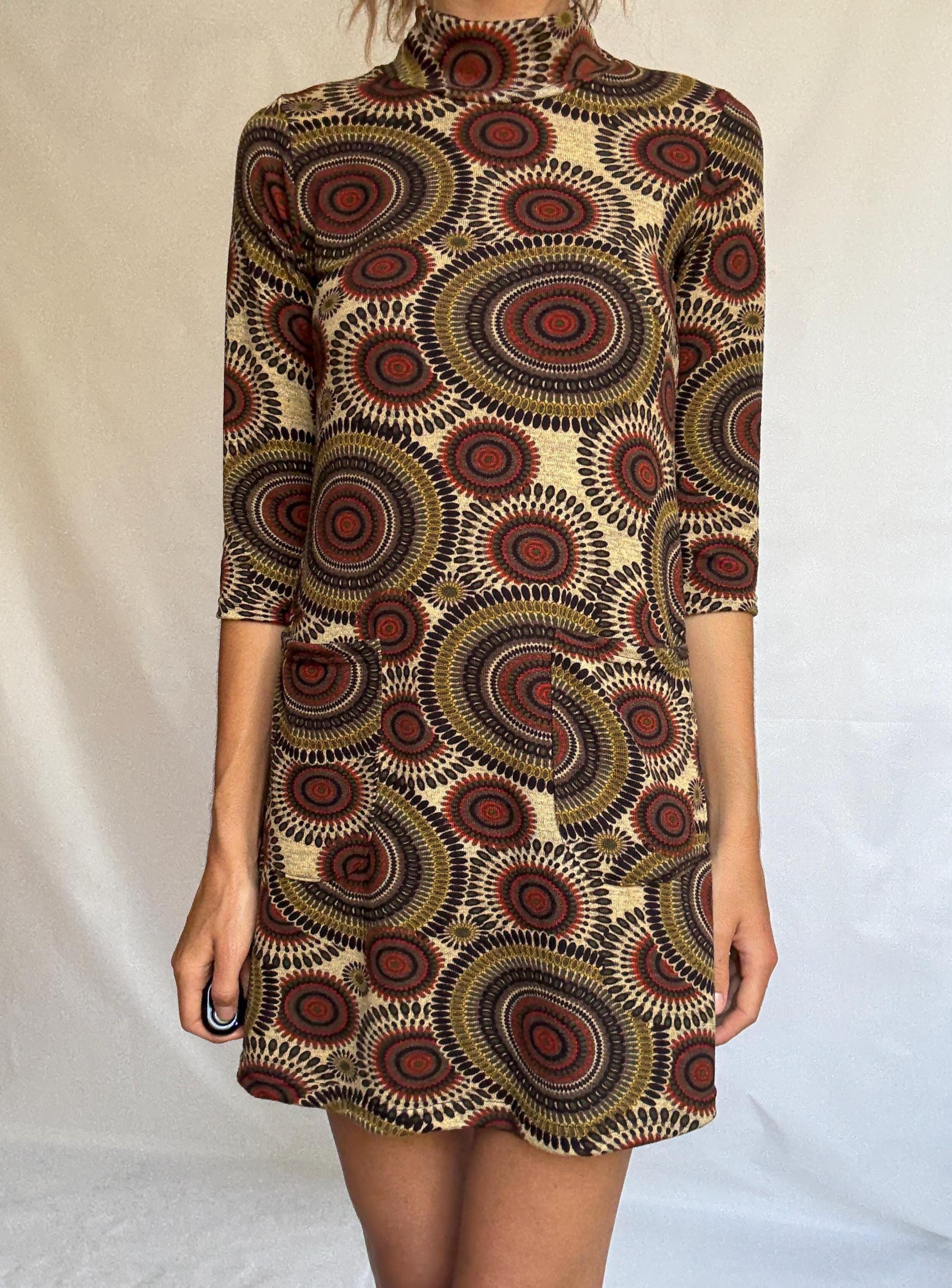 Vintage Groovy Retro Mini Dress – NATURA – Psychedelic Mod Print