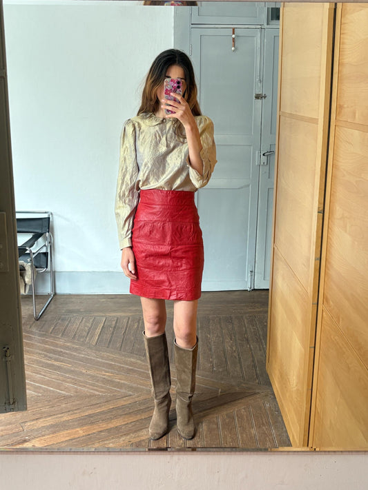 Vintage red leather pencil skirt for Saks fifth Avenue, Luxury designer warehouse high waist tight skirt, Emily in Paris statement outfit