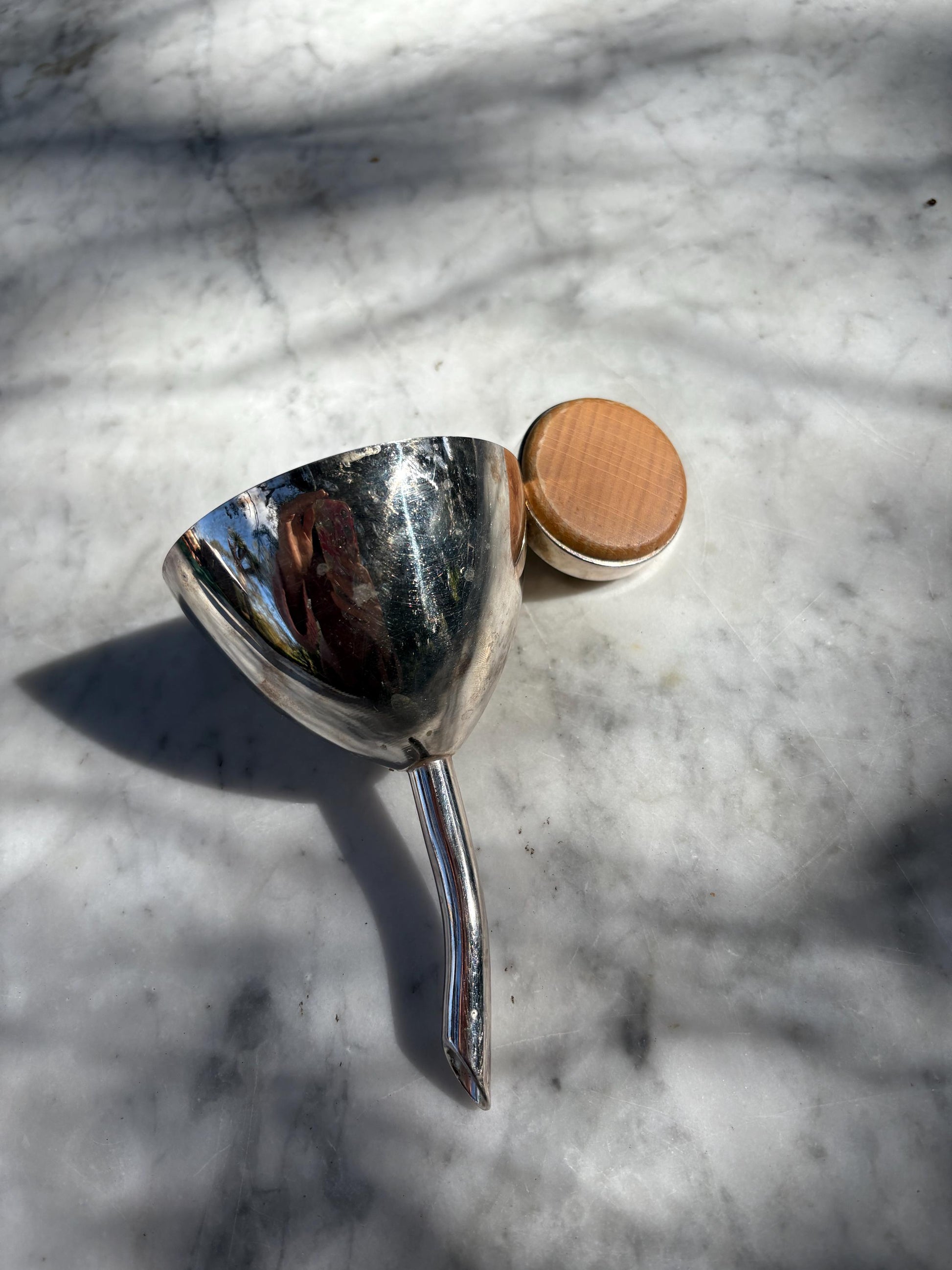 Vintage Silver Plated Liquor Funnel with Wooden Cap – Elegant Barware Accessory for Decanters, Whiskey Flasks, Cocktail Lovers,