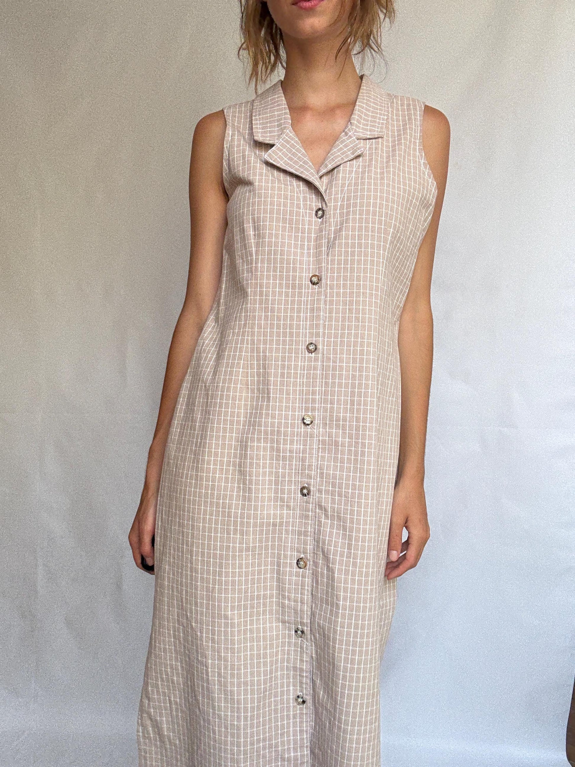Vintage Sleeveless Button-Down Midi Dress – 100% Cotton – Made in USA – Minimalist Cottagecore, Size Medium