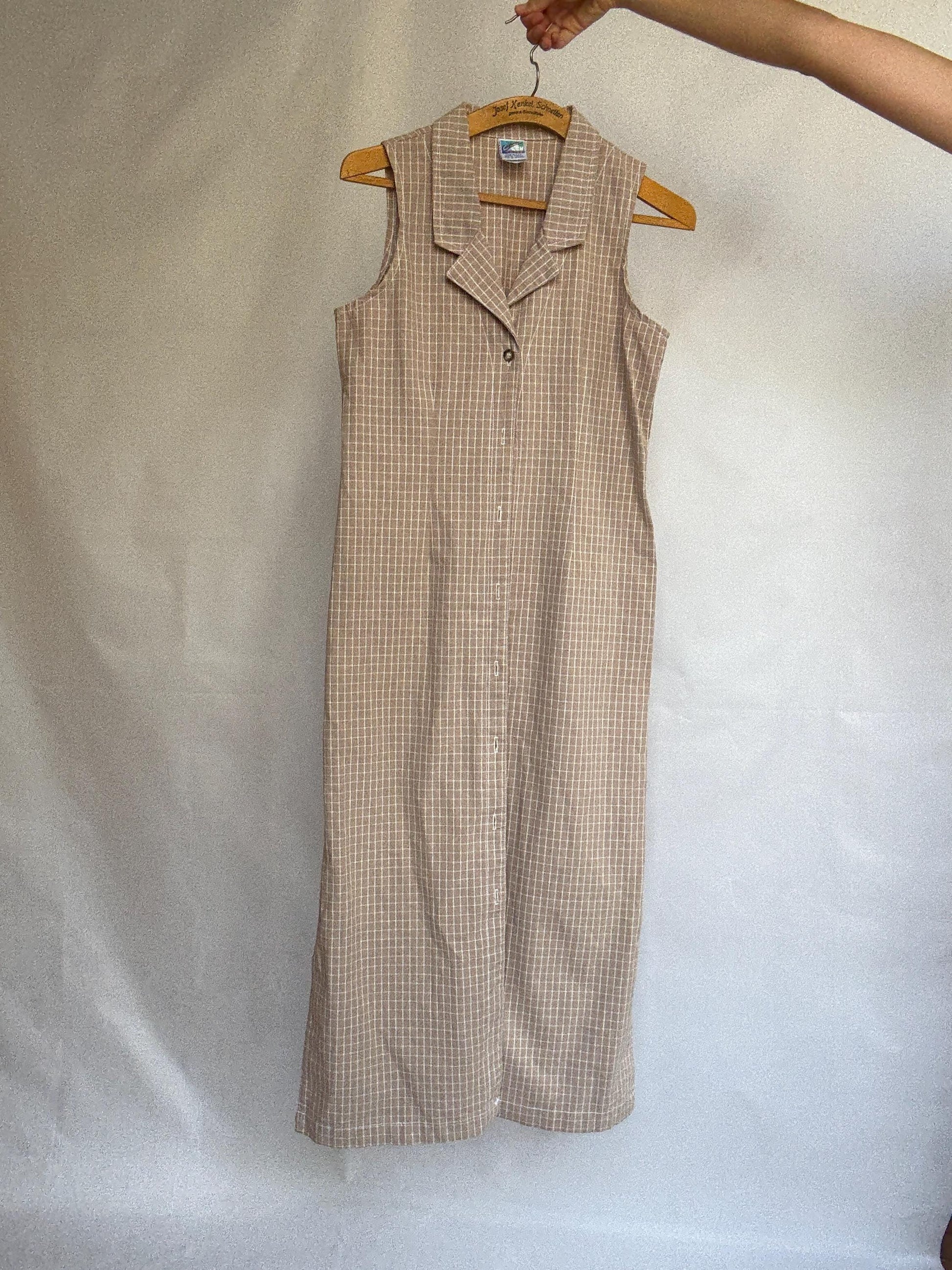 Vintage Sleeveless Button-Down Midi Dress – 100% Cotton – Made in USA – Minimalist Cottagecore, Size Medium