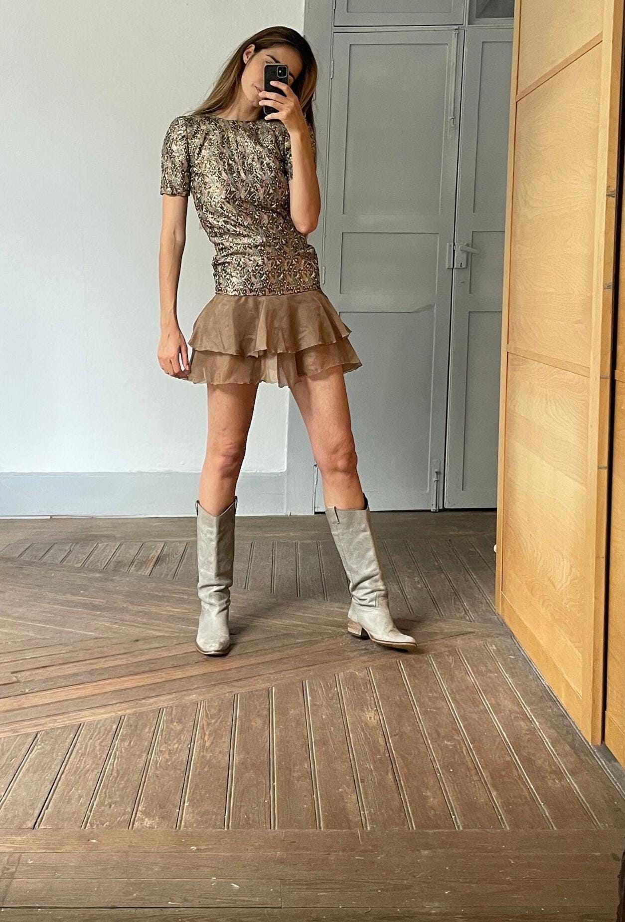 Handmade unique embellished dress with organza mini skirt