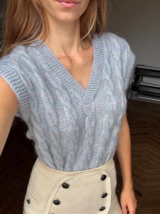 Vintage blue hand knit waistcoat, Light academia winter knitwear, Ice blue handmade spencer, Preppy gilet, S