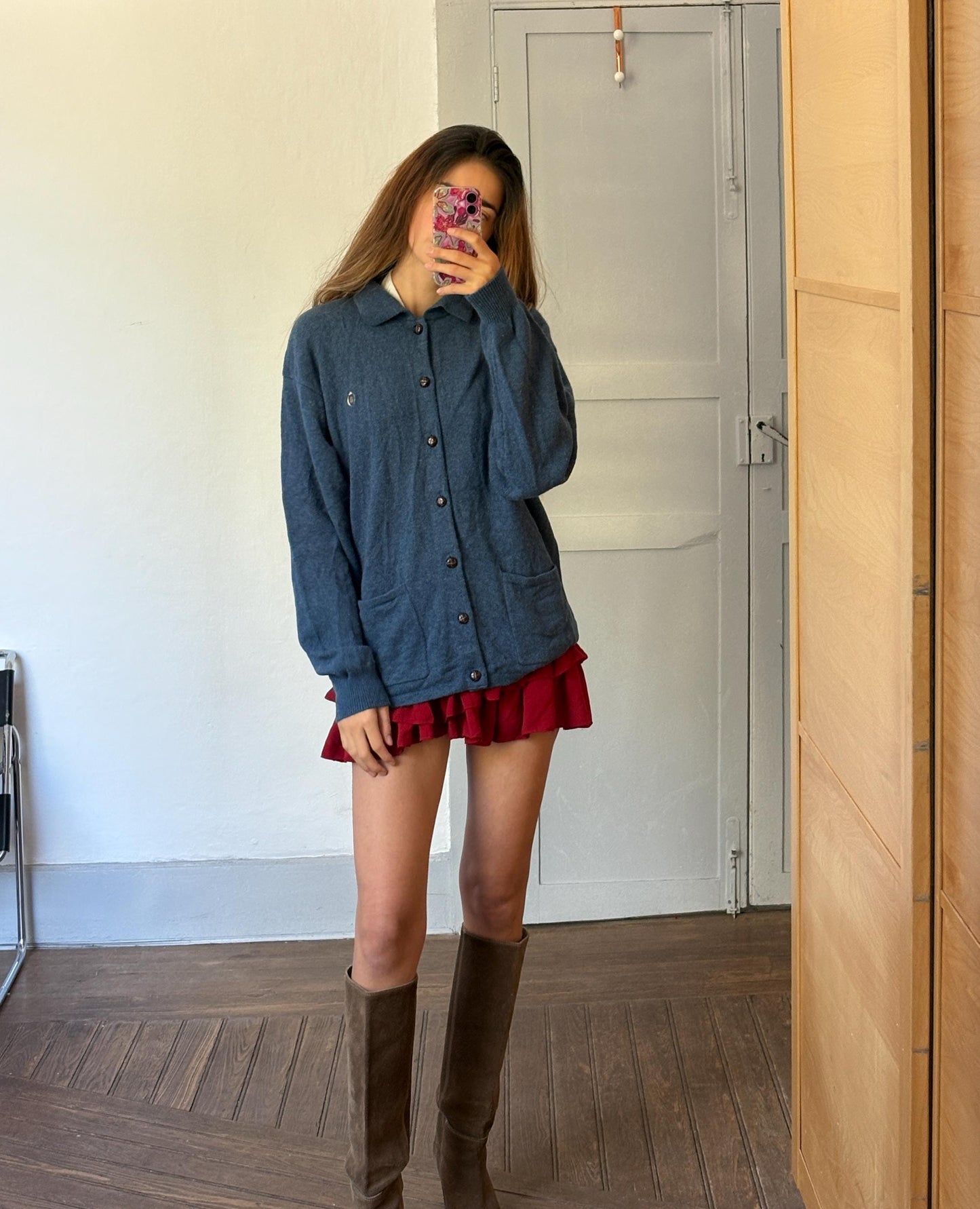 Wool vintage Luxe cardigan - Blue Long sleeved soft Men jumper, 42 - XL