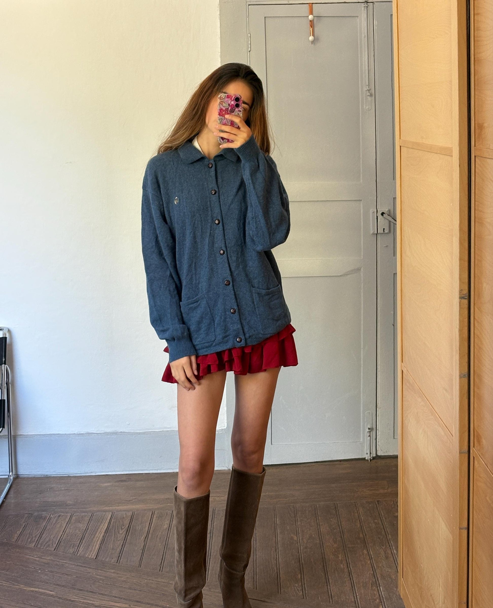 Wool vintage Luxe cardigan - Blue Long sleeved soft Men jumper, 42 - XL