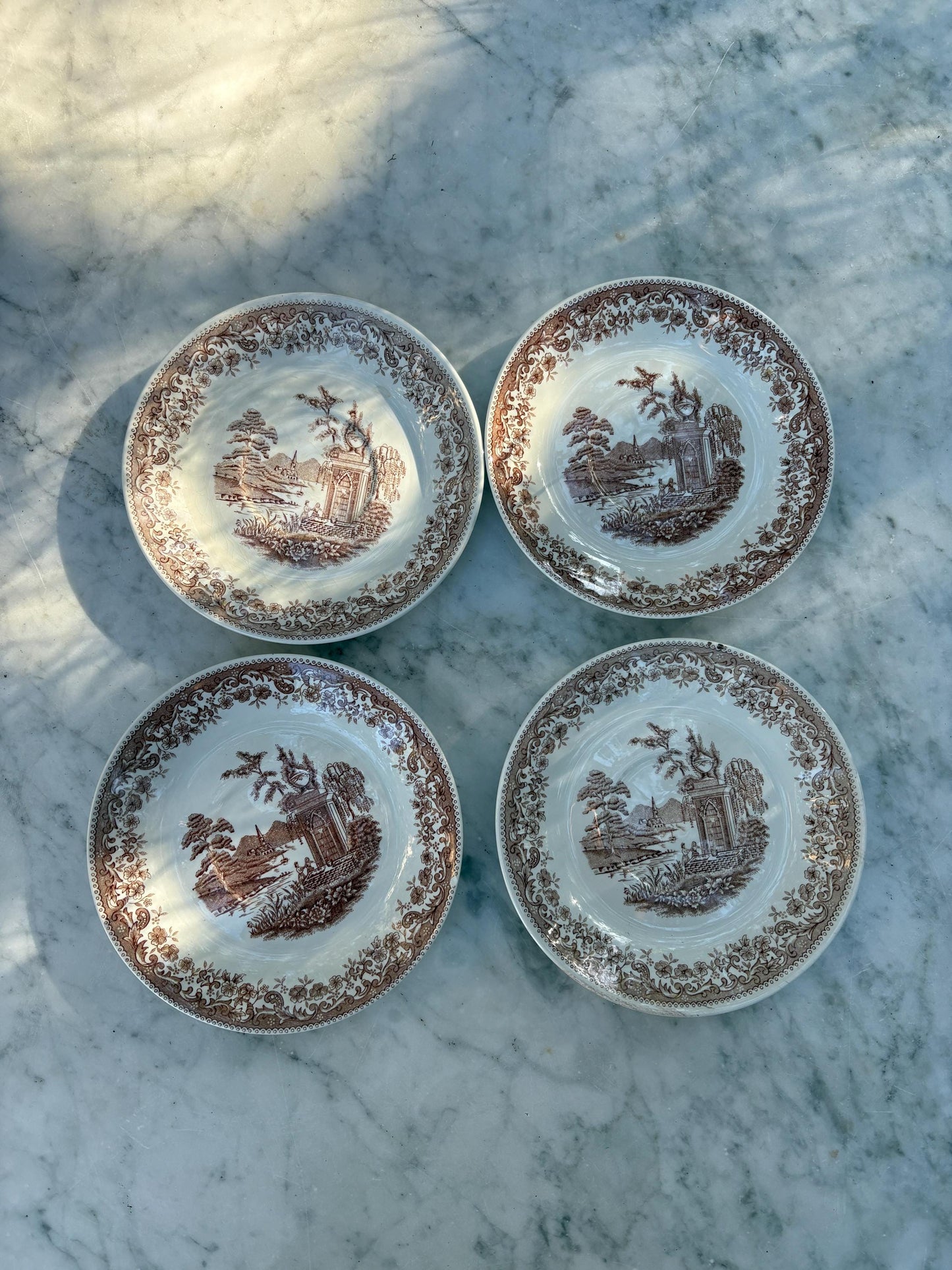 Set of 4 vintage hand engraved Old England saucers, Royal China Vigo small plates, Vintage Spanish brown and white small plates