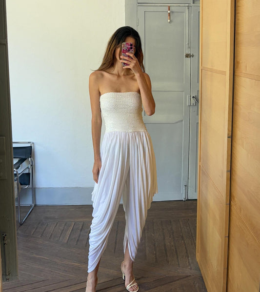 Vintage White Sequin Bandeau Jumpsuit, Draped Harem Leg Romper, Ethereal Boho Wedding Outfit, Elegant Cocktail Party Playsuit, Retro Fashion
