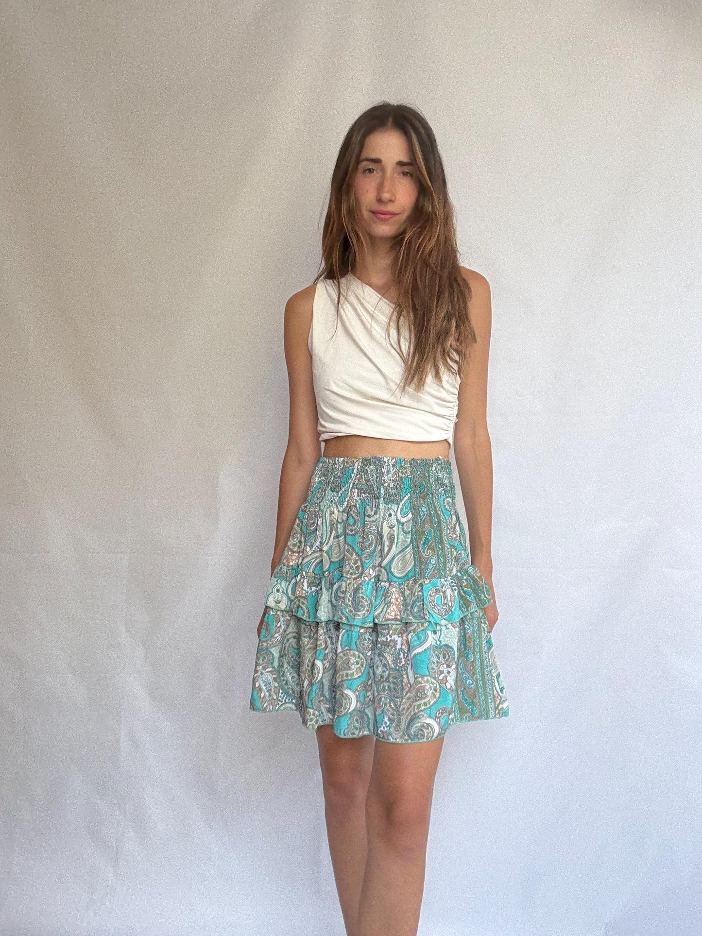 Paisley ruffle mini skirt in teal silk blend by Bigg Bull, elastic waist tiered summer skirt, boho lightweight flowy fit