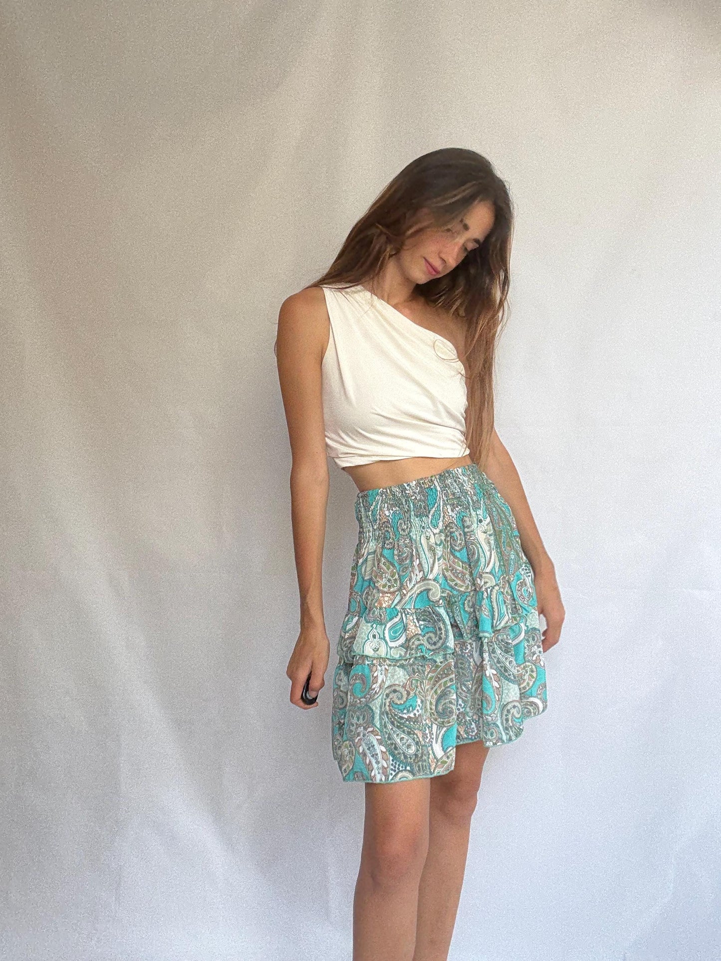 Paisley ruffle mini skirt in teal silk blend by Bigg Bull, elastic waist tiered summer skirt, boho lightweight flowy fit