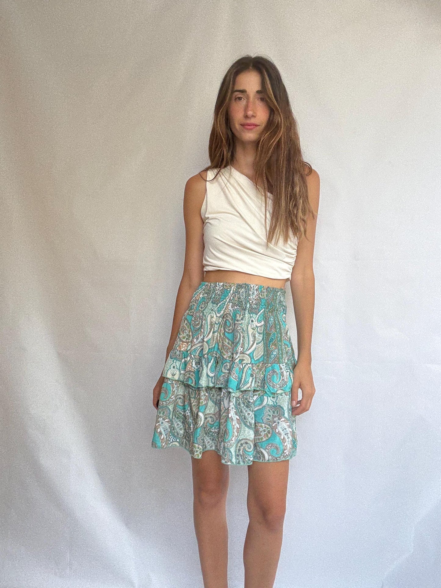 Paisley ruffle mini skirt in teal silk blend by Bigg Bull, elastic waist tiered summer skirt, boho lightweight flowy fit