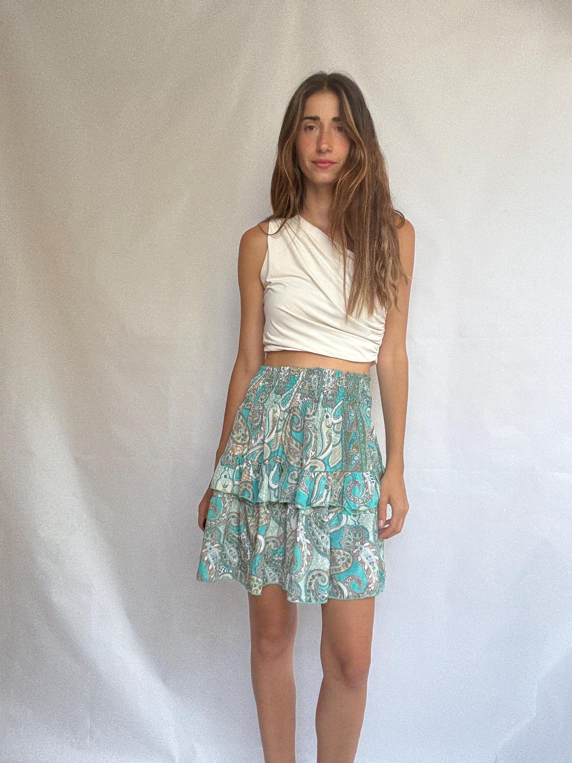 Paisley ruffle mini skirt in teal silk blend by Bigg Bull, elastic waist tiered summer skirt, boho lightweight flowy fit