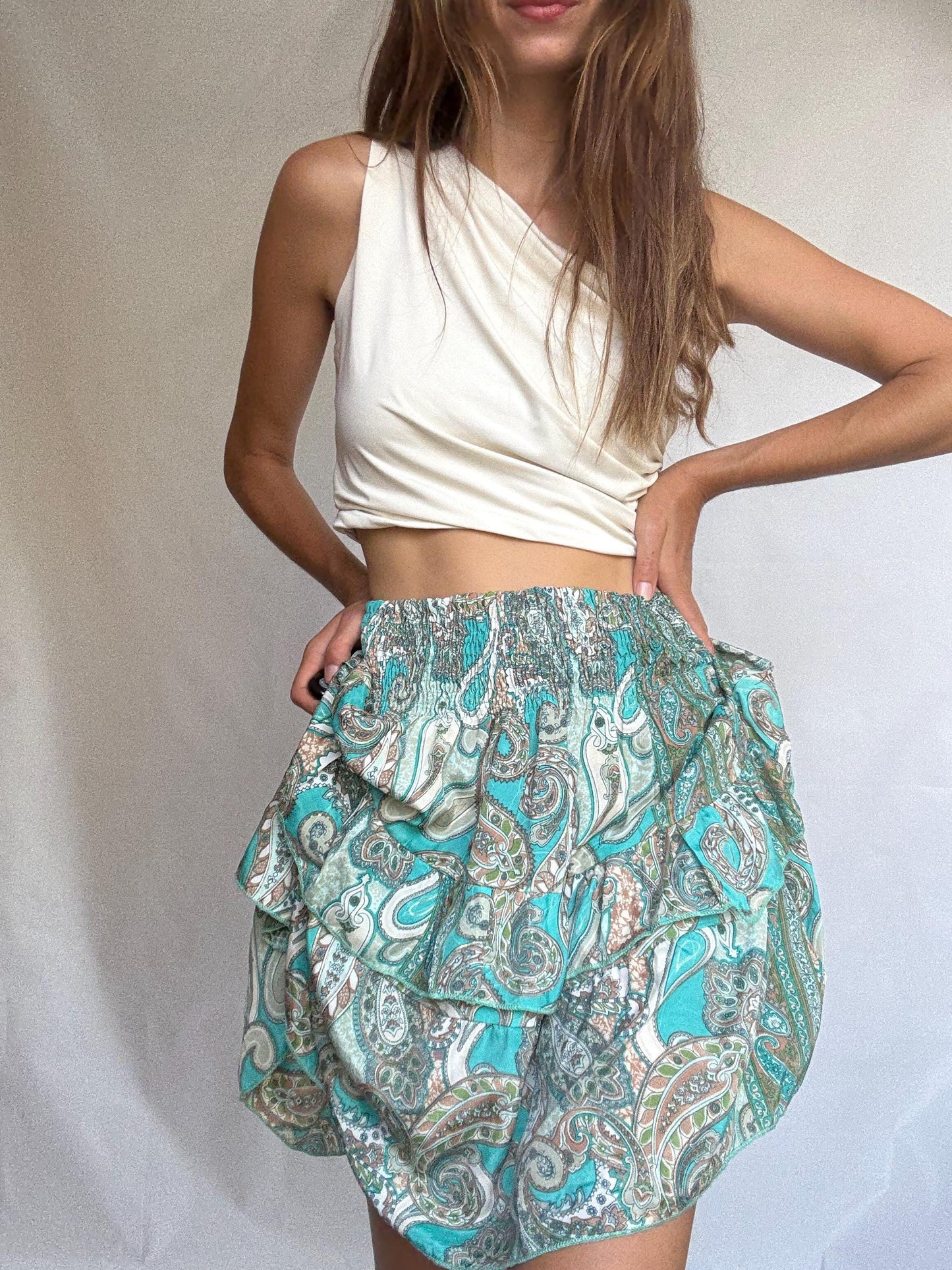 Paisley ruffle mini skirt in teal silk blend by Bigg Bull, elastic waist tiered summer skirt, boho lightweight flowy fit