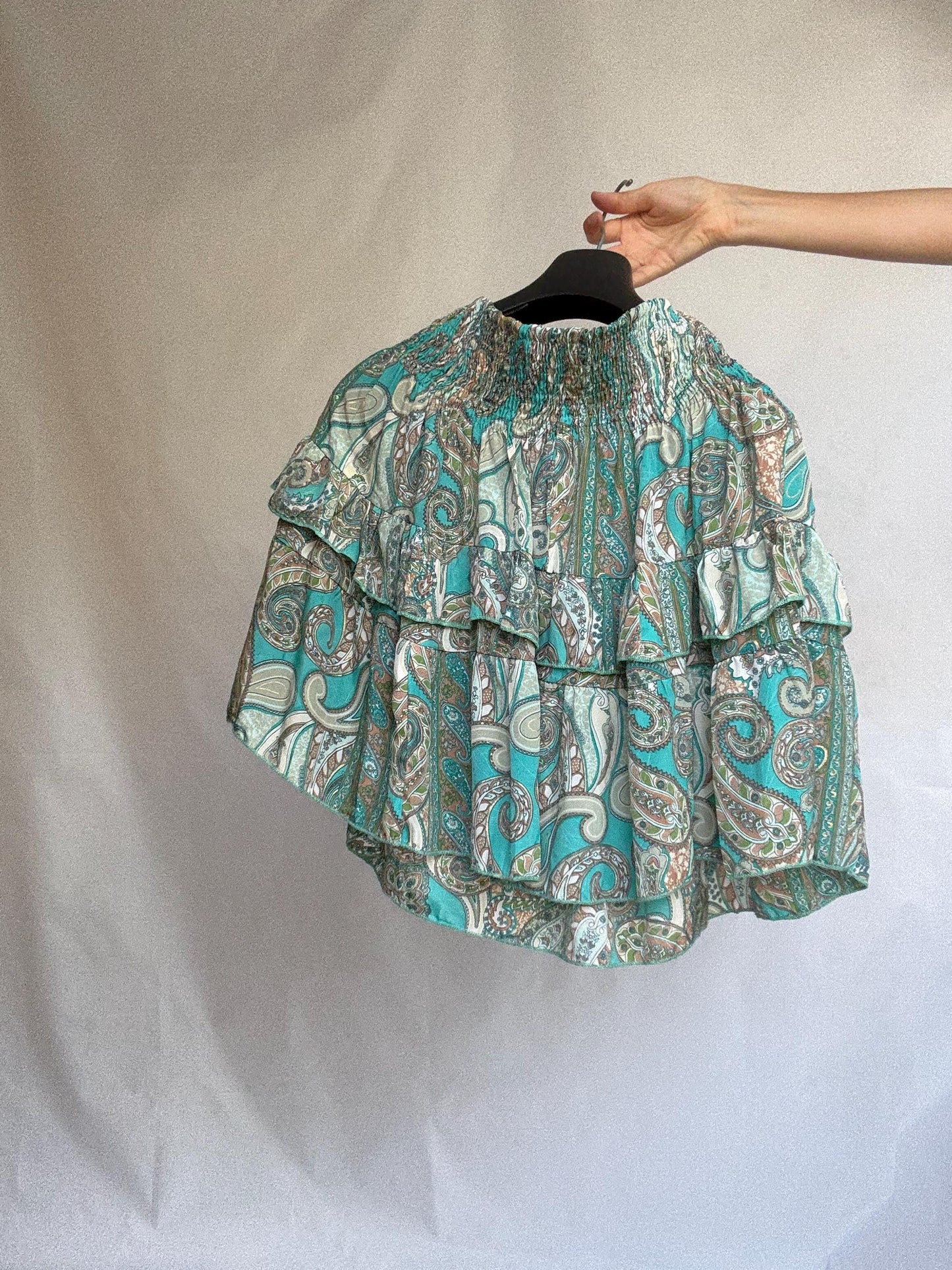 Paisley ruffle mini skirt in teal silk blend by Bigg Bull, elastic waist tiered summer skirt, boho lightweight flowy fit