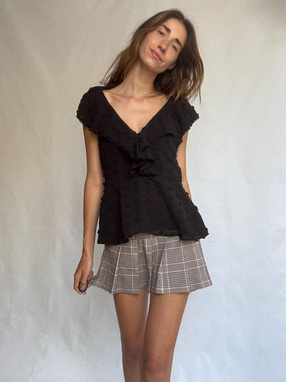 Uterqüe Black Textured Dot Blouse with Ruffle Back Tie