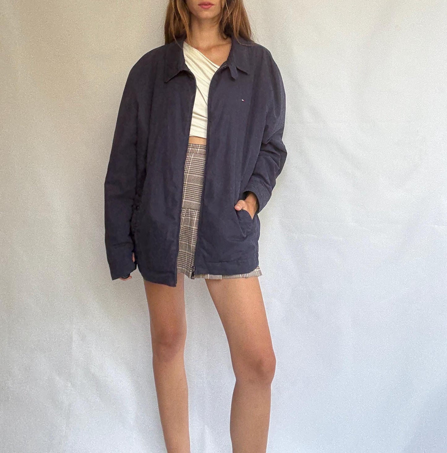 Vintage Navy Blue Tommy Hilfiger Padded Jacket — fabric close-up