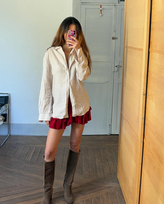 Vintage sand linen blouse, Earthy short sleeve shirt, Summer light beige Men's oxford, Oat coloured boxy fit classic formal shirt