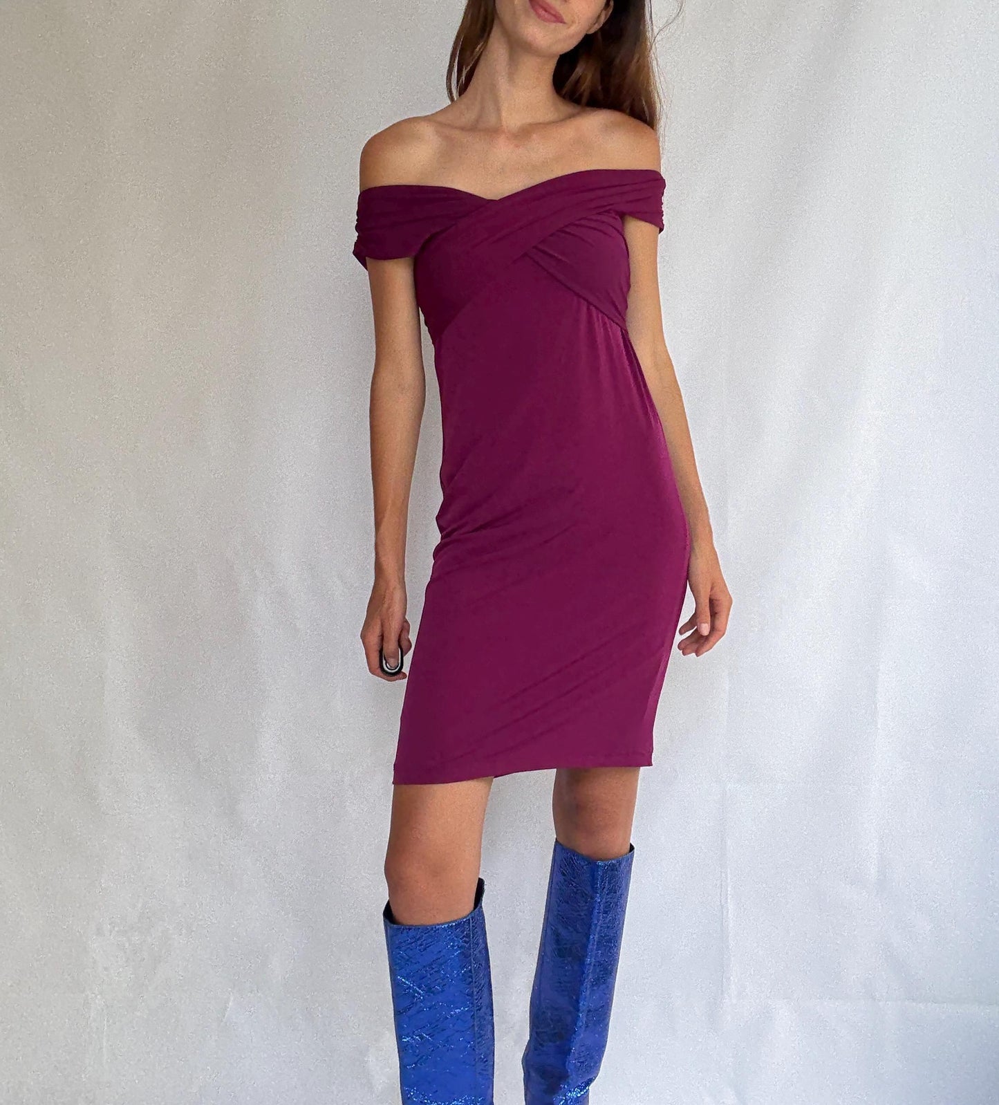 Off-shoulder magenta dress with back bow by Panambi, made in Spain, elegant stretch party dress, new with tags, size 38