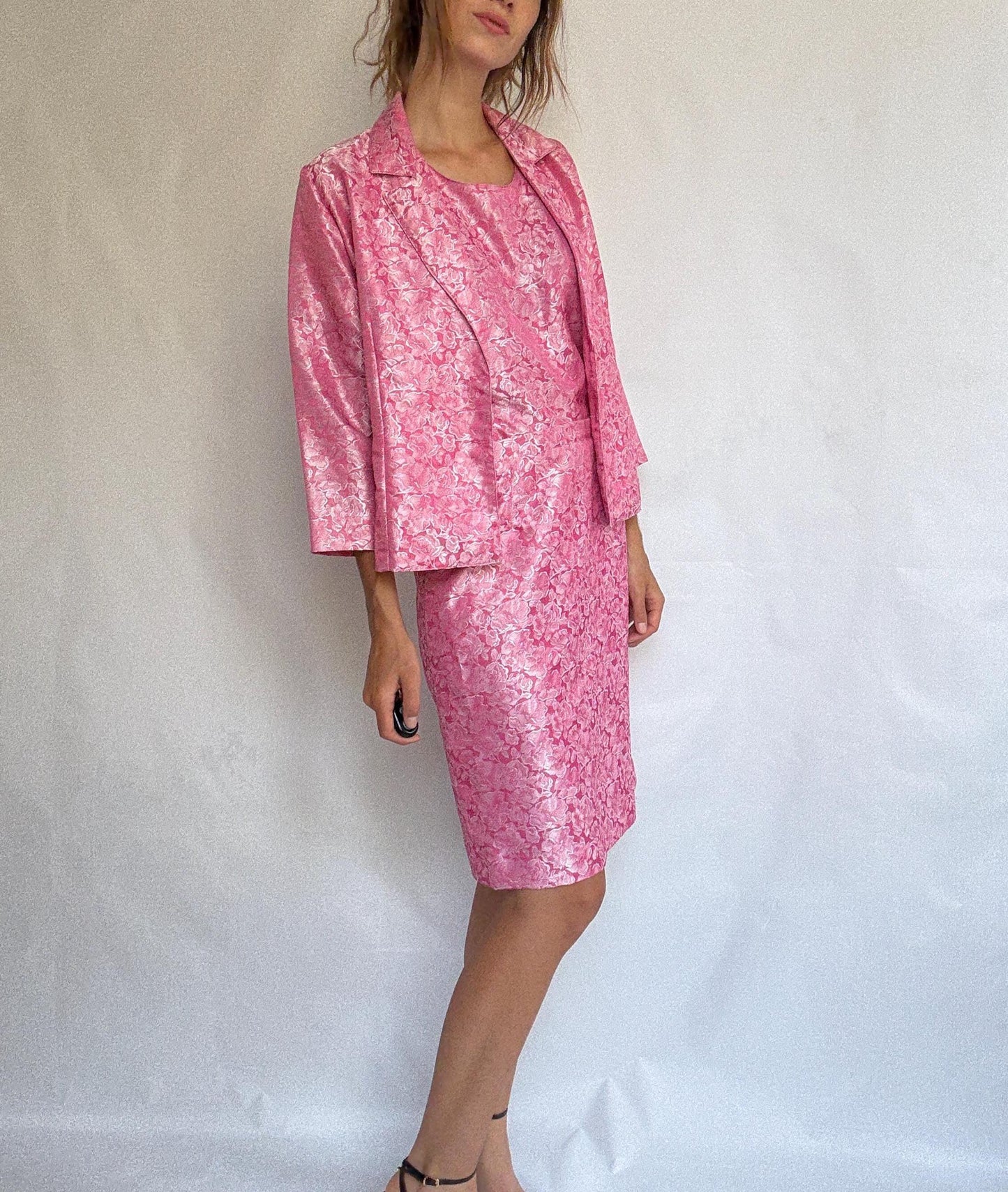 Vintage Pink Brocade Set – Handmade Spanish Skirt Top Jacket Suit – Barbie core office outfit, Size M-L