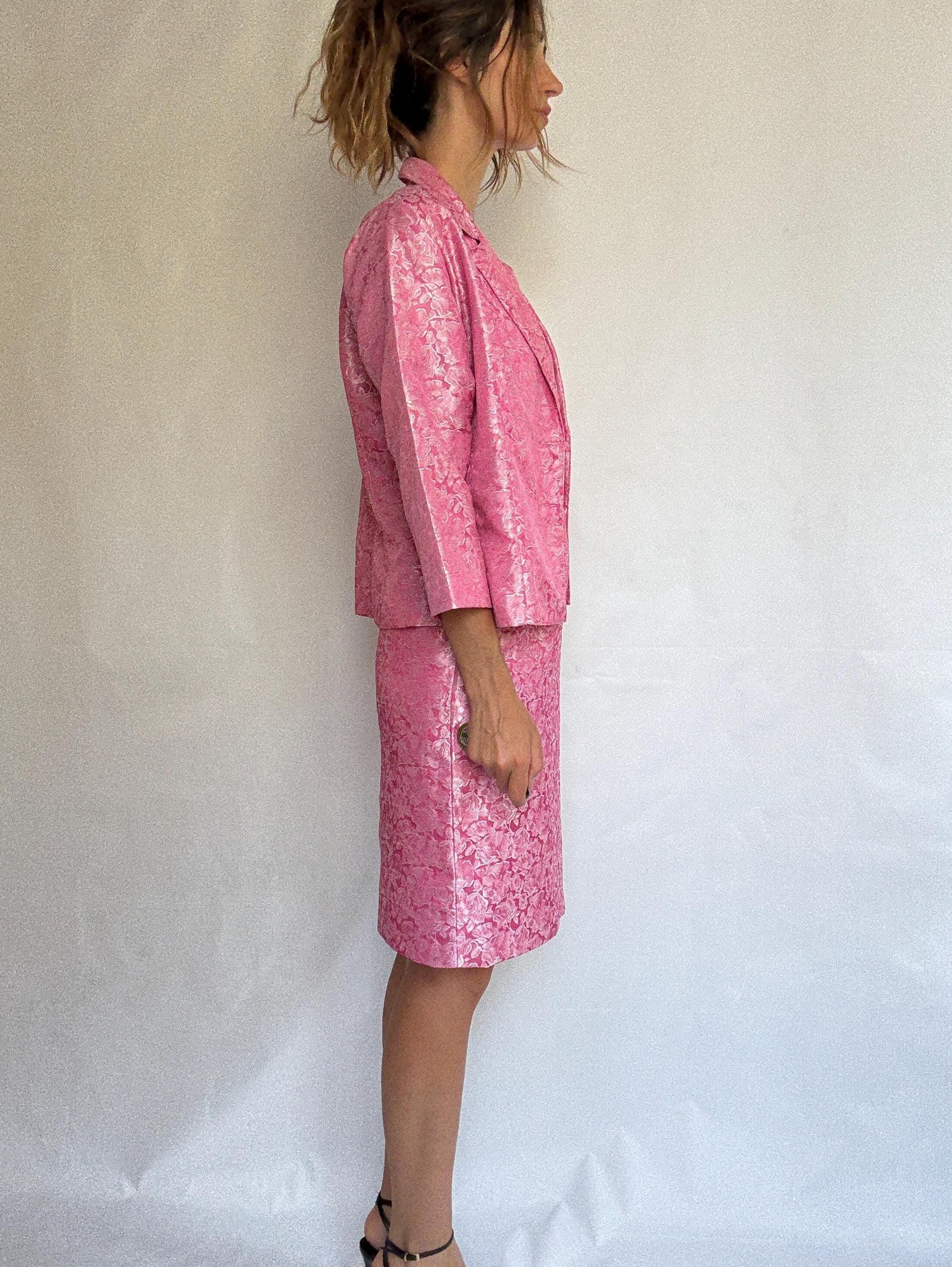 Vintage Pink Brocade Set – Handmade Spanish Skirt Top Jacket Suit – Barbie core office outfit, Size M-L