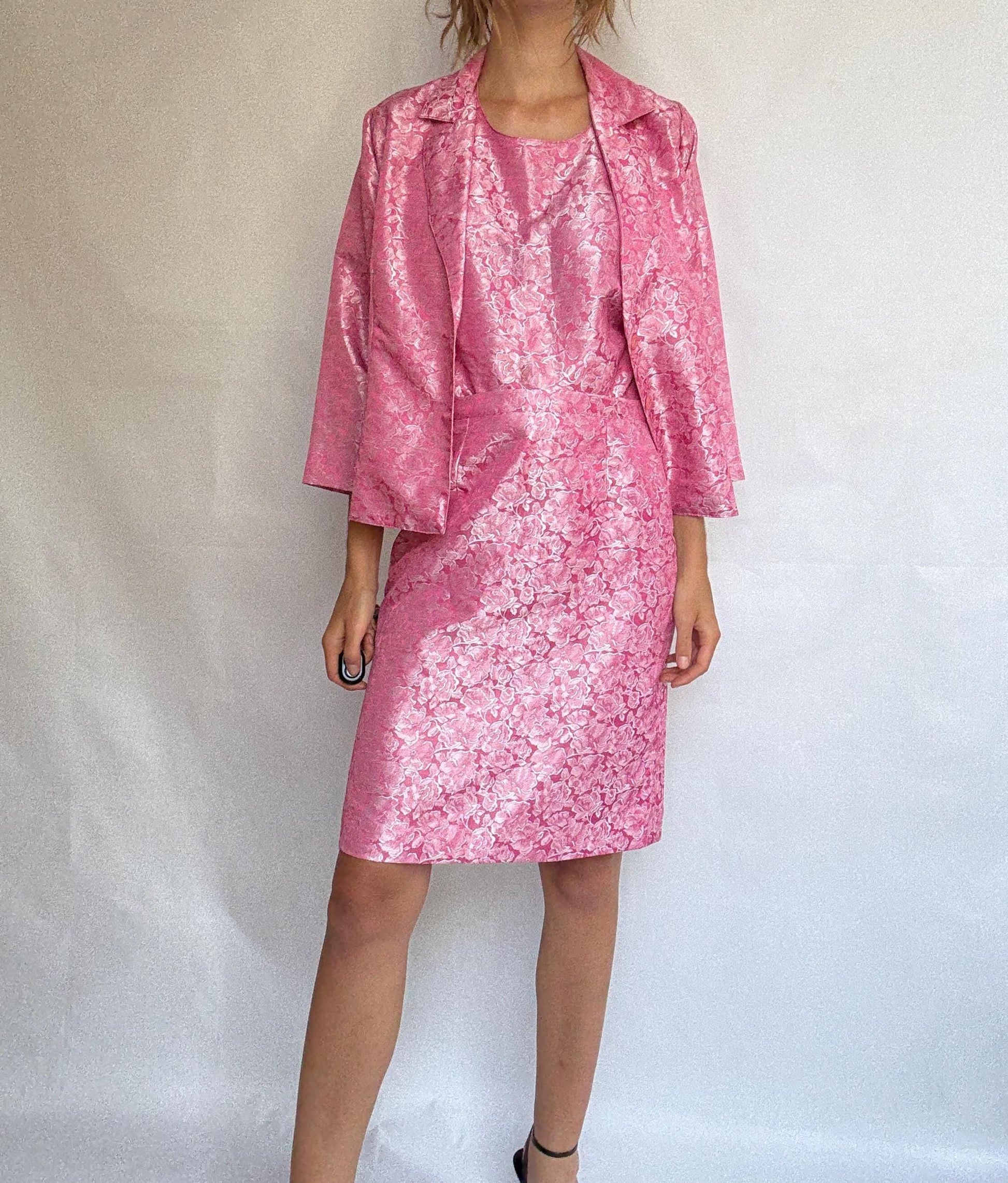 Vintage Pink Brocade Set – Handmade Spanish Skirt Top Jacket Suit – Barbie core office outfit, Size M-L