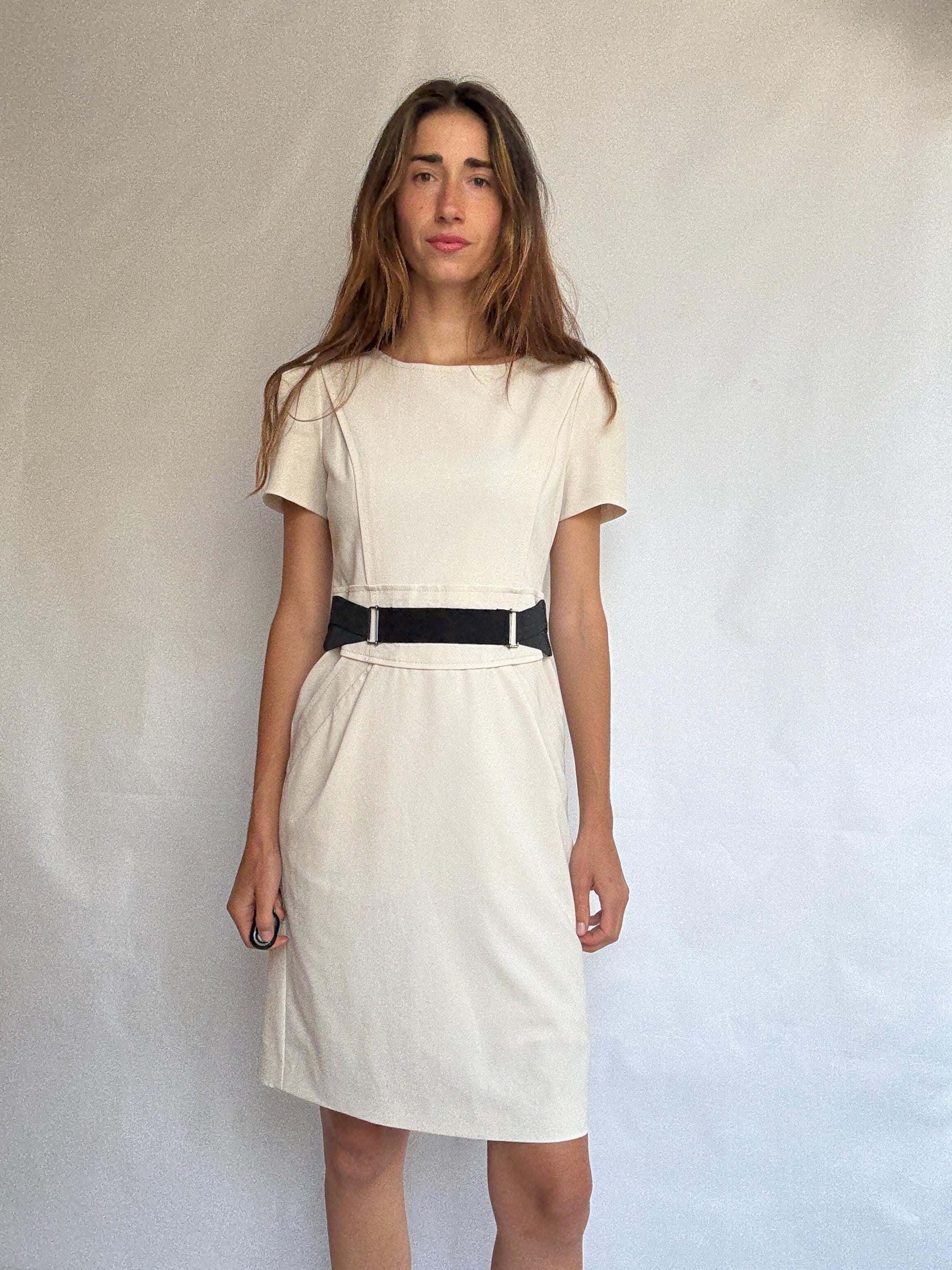 Luxury Designer Alberta Ferretti Cream Dress – Philosophy Line – Elegant white and black Minimalist Midi with Pockets – Size M