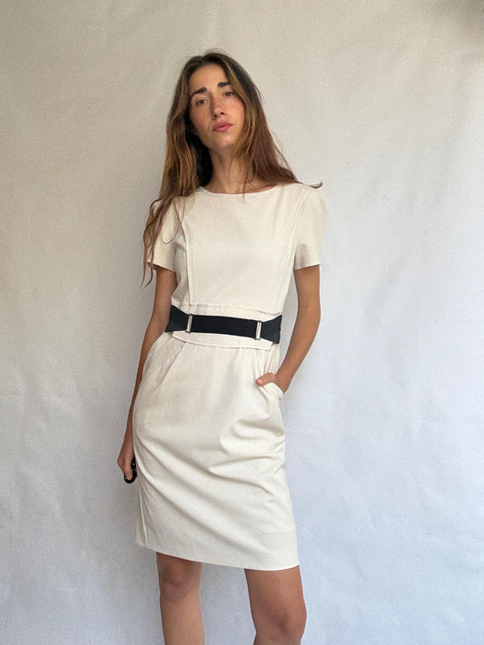 Luxury Designer Alberta Ferretti Cream Dress – Philosophy Line – Elegant white and black Minimalist Midi with Pockets – Size M