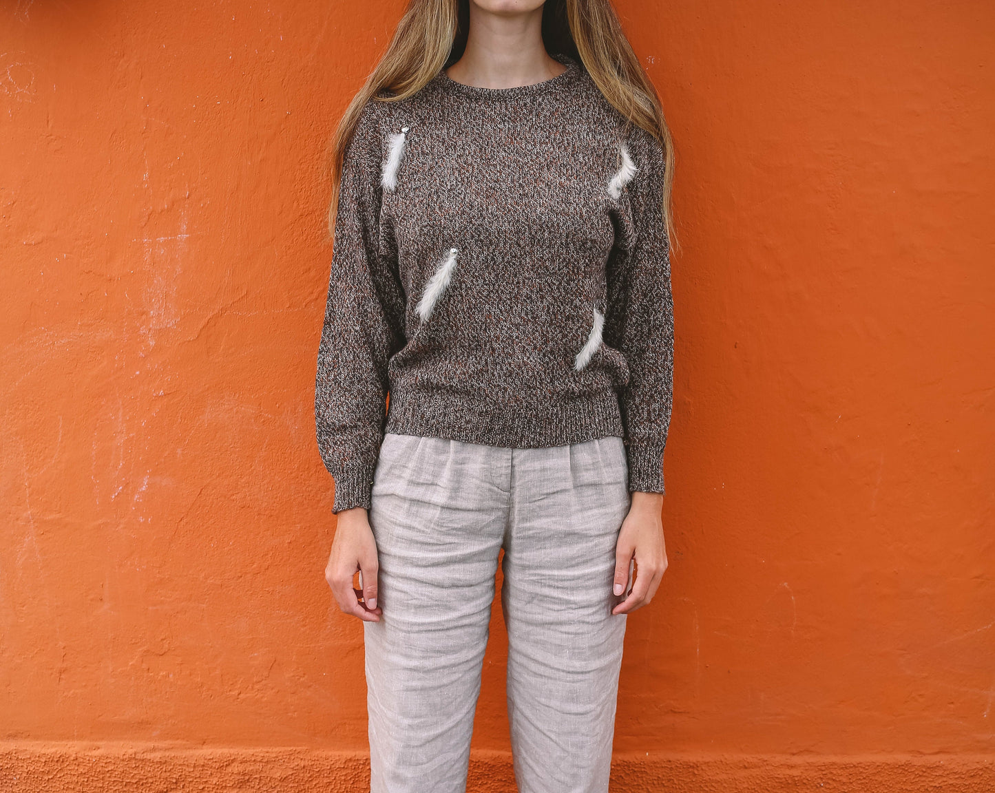 Vintage Italian Jumper with Feather Detailing, Mixed Wool Blend, Retro Aesthetic