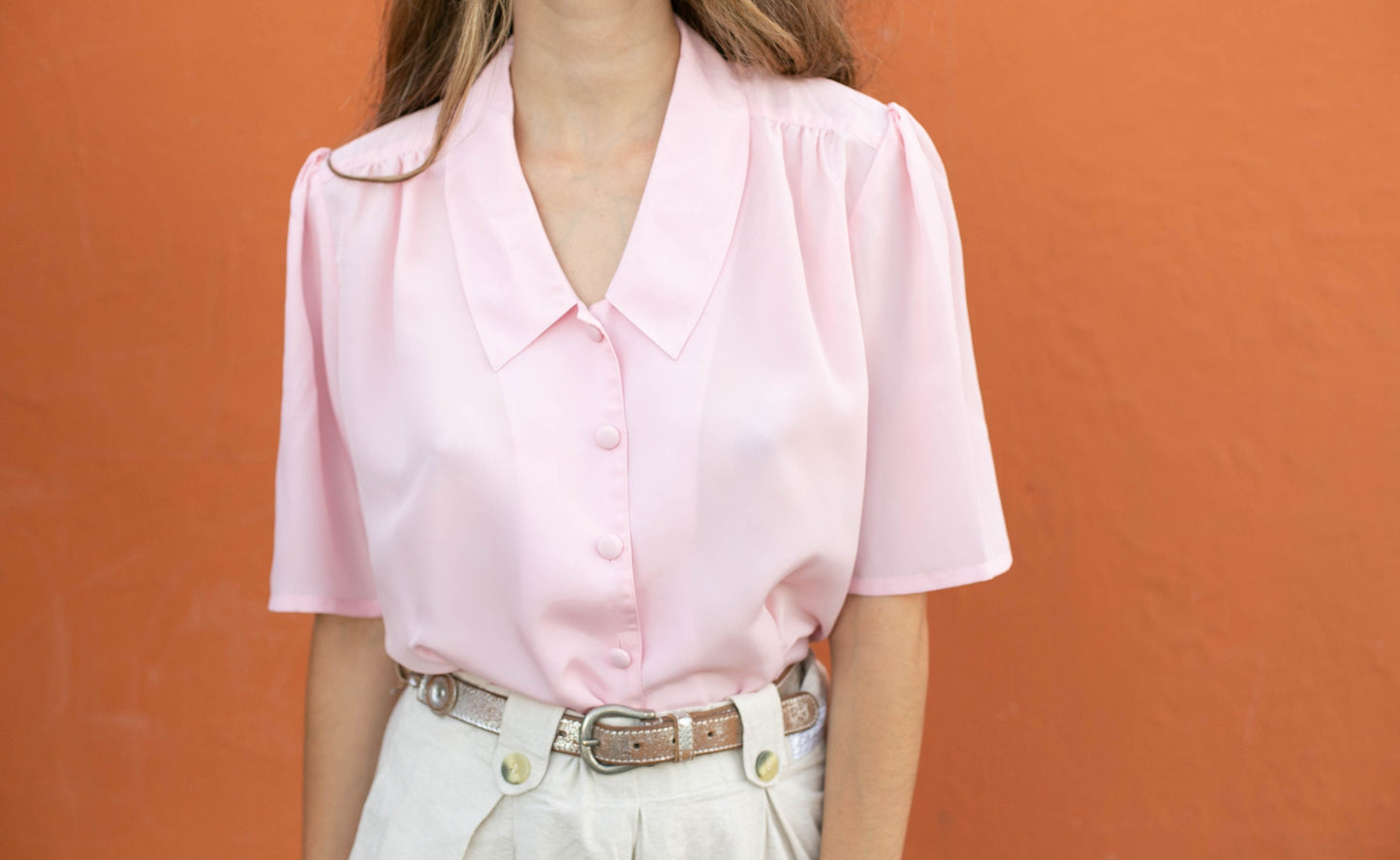 Vintage lightweight pink woman blouse, Playful 60s top, Vintage summer shirt, Women’s size L (EU 40 / US 10).
