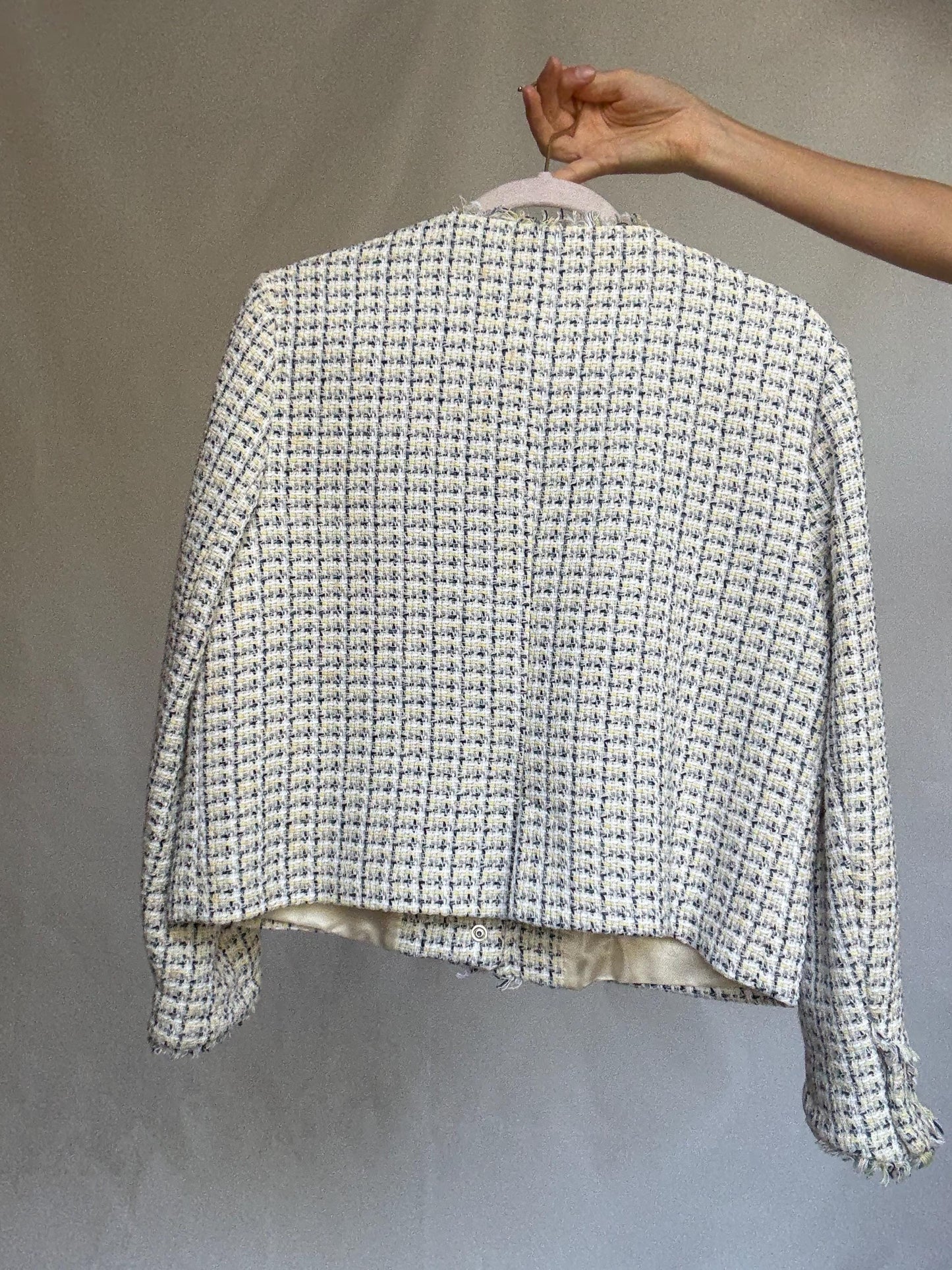 Elegant tweed-style cropped jacket with floral crystal buttons, cream check pattern, lined, 2 front pockets, classic fit