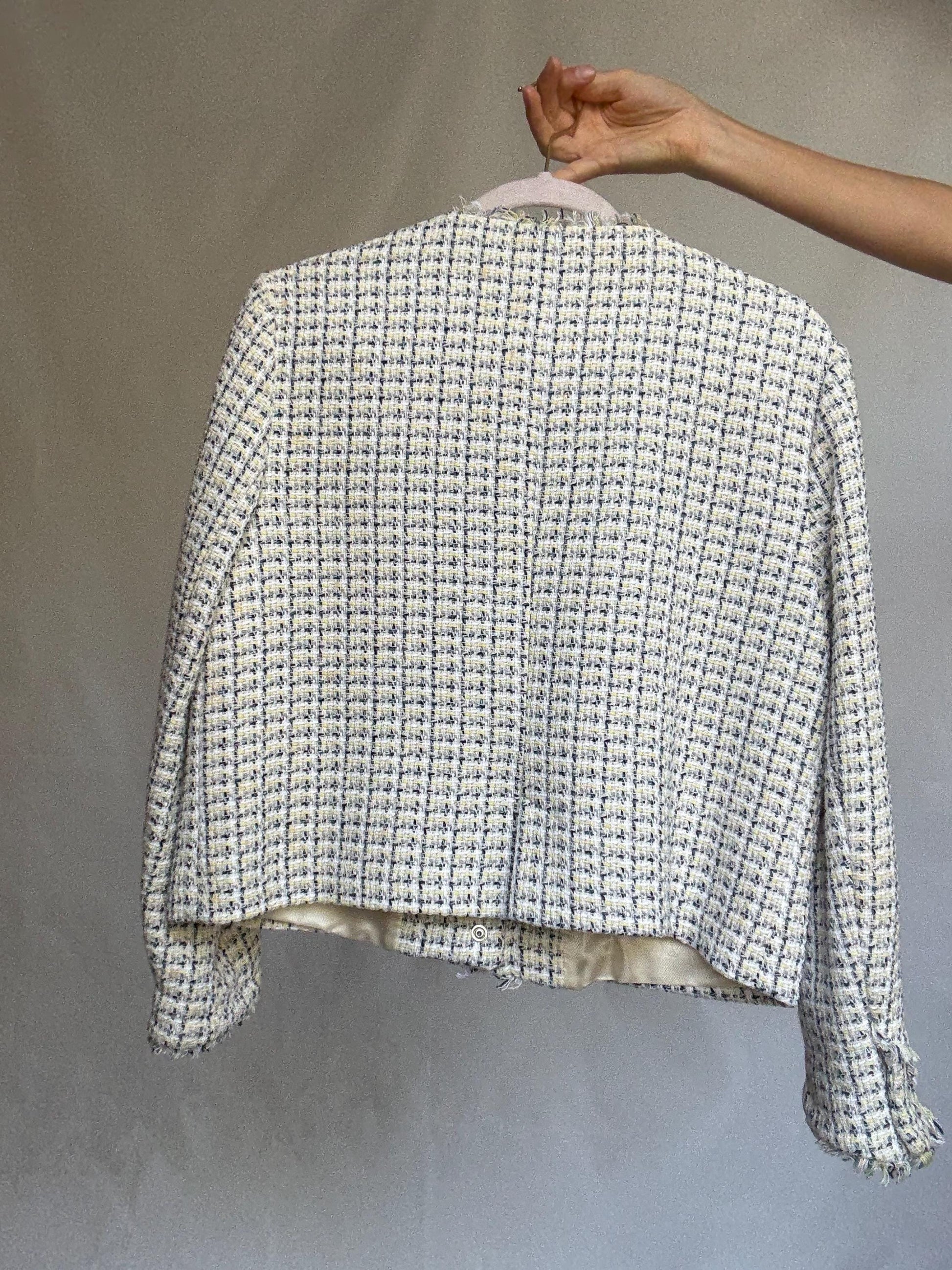 Elegant tweed-style cropped jacket with floral crystal buttons, cream check pattern, lined, 2 front pockets, classic fit