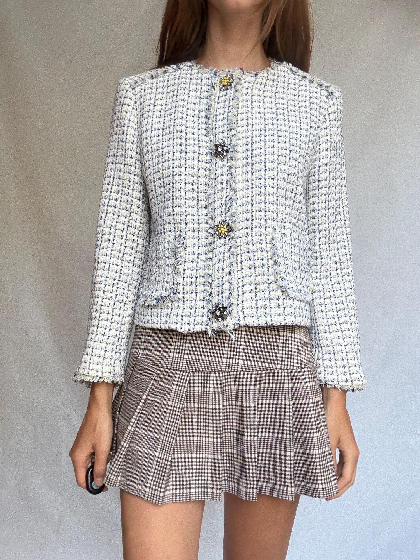Elegant tweed-style cropped jacket with floral crystal buttons, cream check pattern, lined, 2 front pockets, classic fit