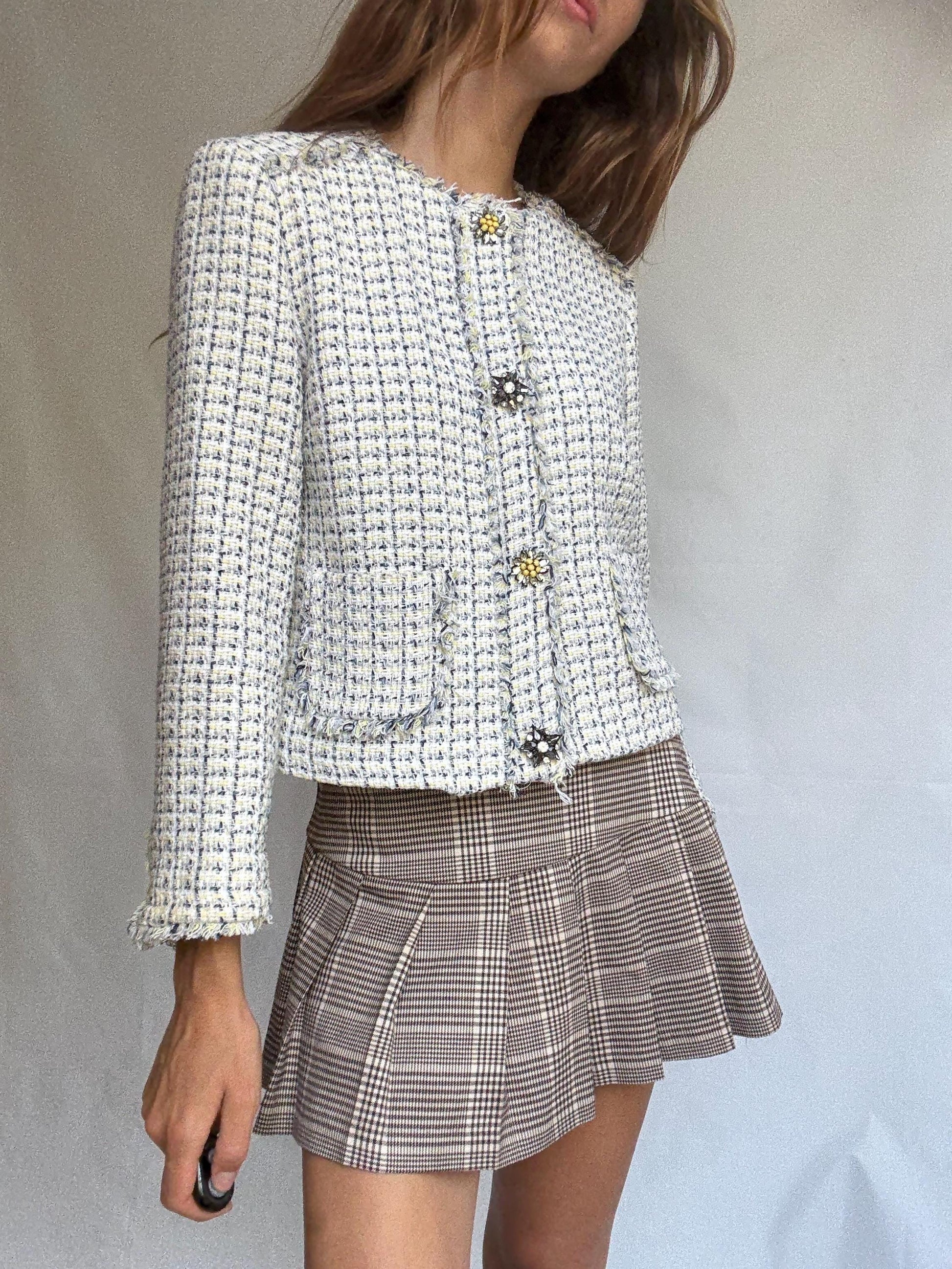 Elegant tweed-style cropped jacket with floral crystal buttons, cream check pattern, lined, 2 front pockets, classic fit