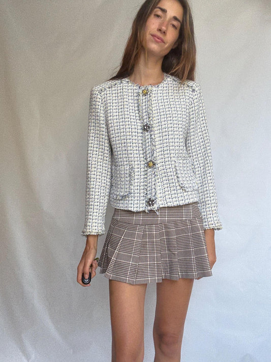 Elegant tweed-style cropped jacket with floral crystal buttons, cream check pattern, lined, 2 front pockets, classic fit
