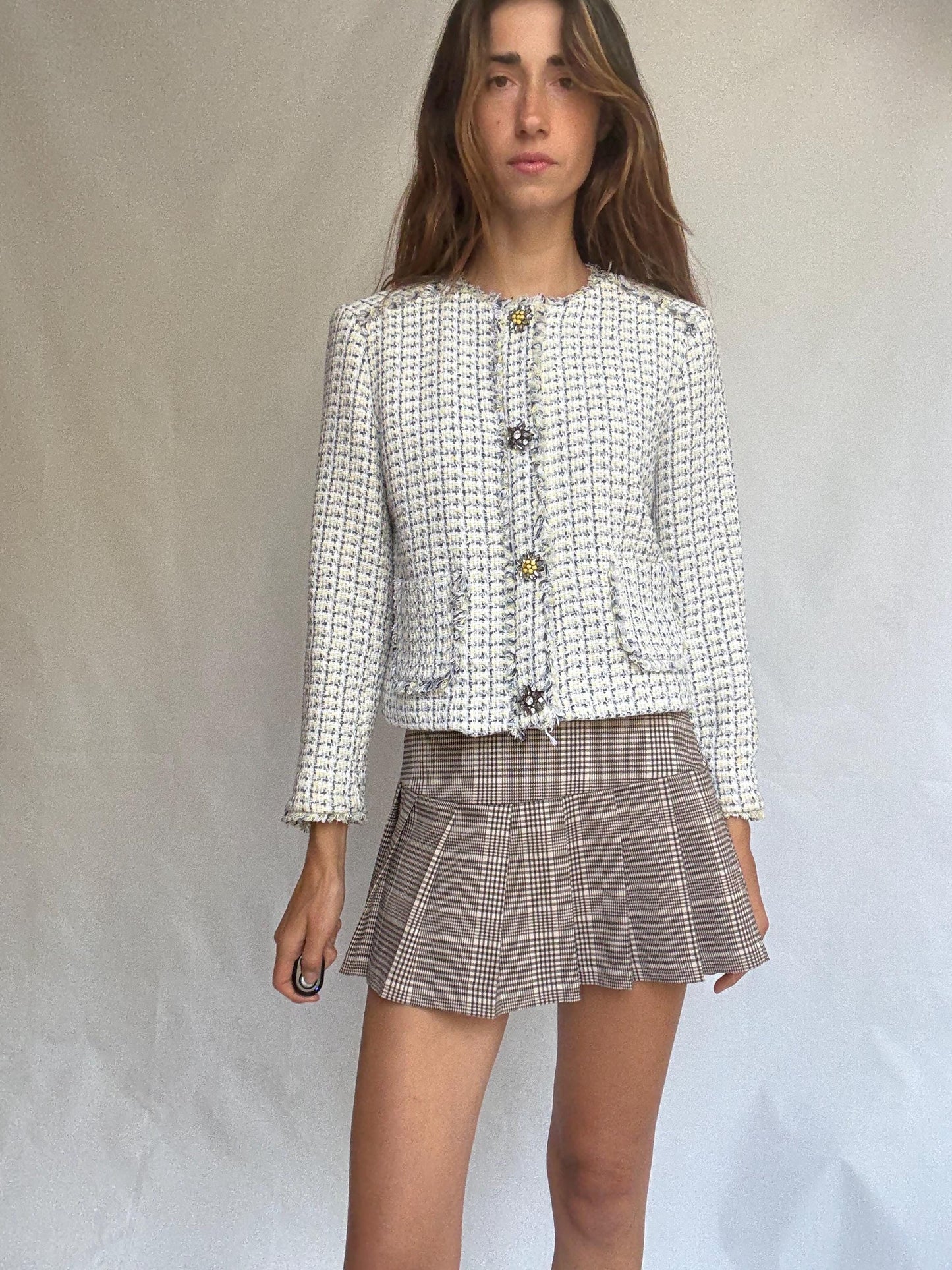 Elegant tweed-style cropped jacket with floral crystal buttons, cream check pattern, lined, 2 front pockets, classic fit