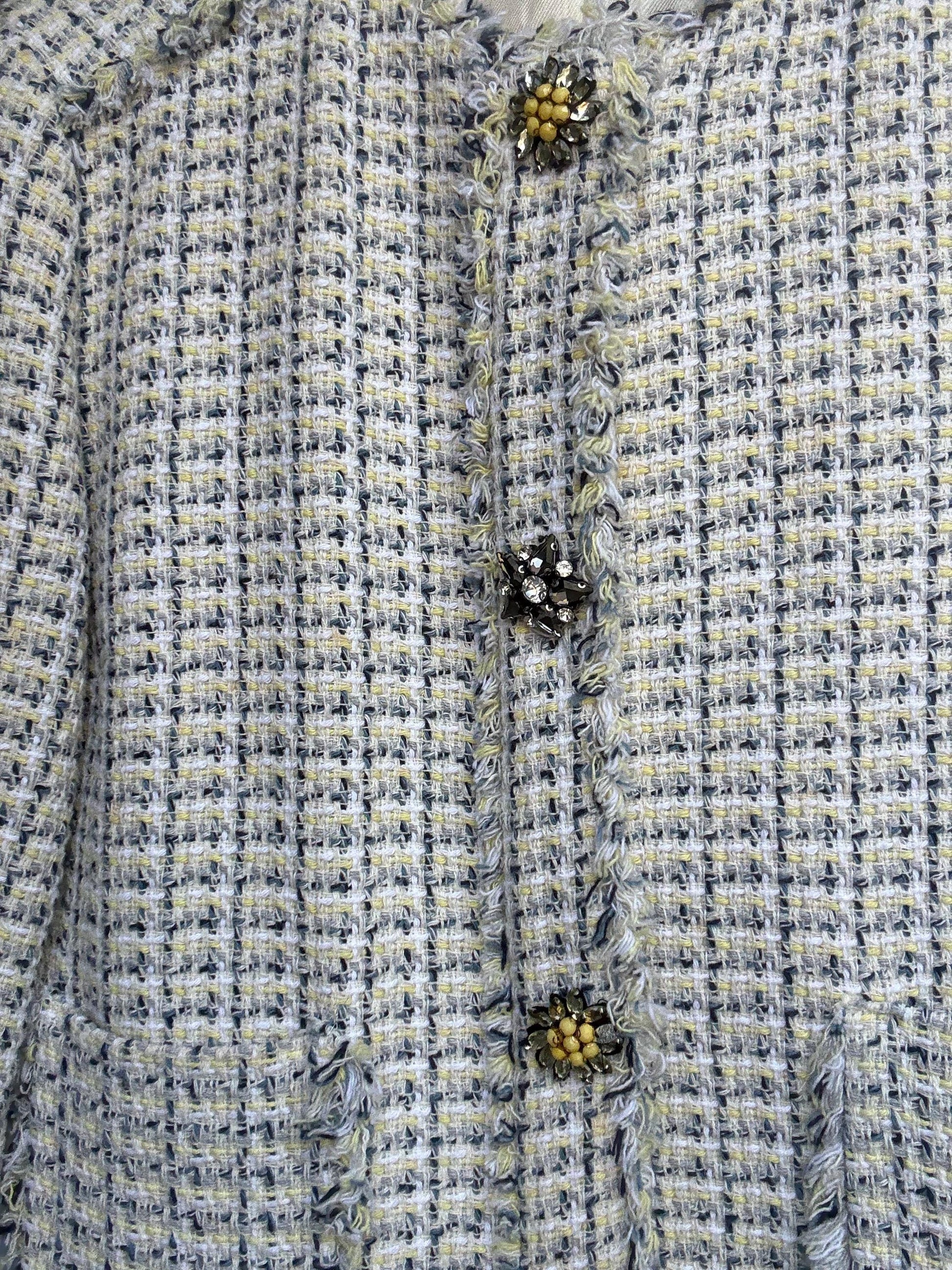 Elegant tweed-style cropped jacket with floral crystal buttons, cream check pattern, lined, 2 front pockets, classic fit