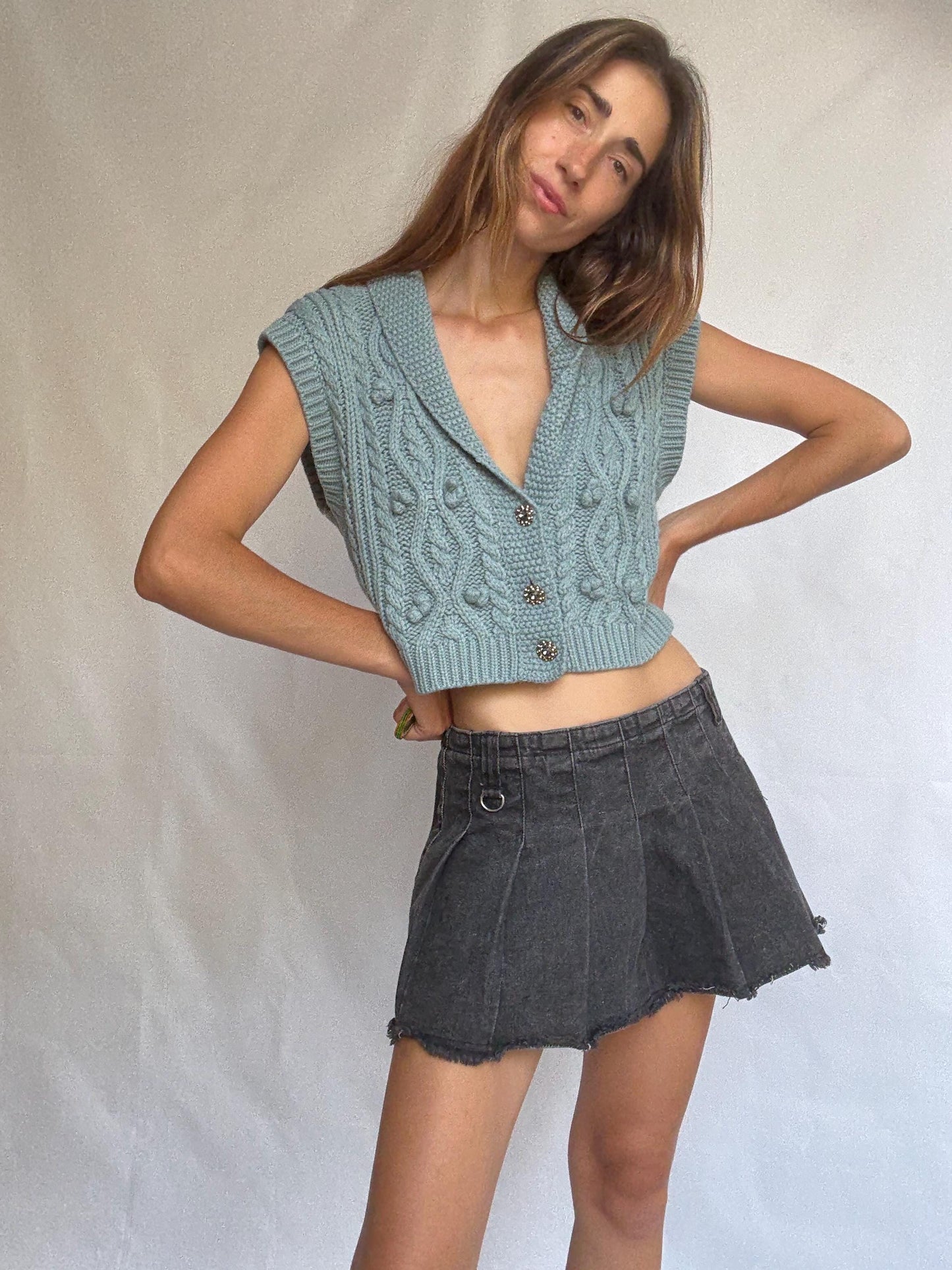 Soft knit cable vest with buttons, cropped cap sleeve sweater top, pale blue preppy core layering piece