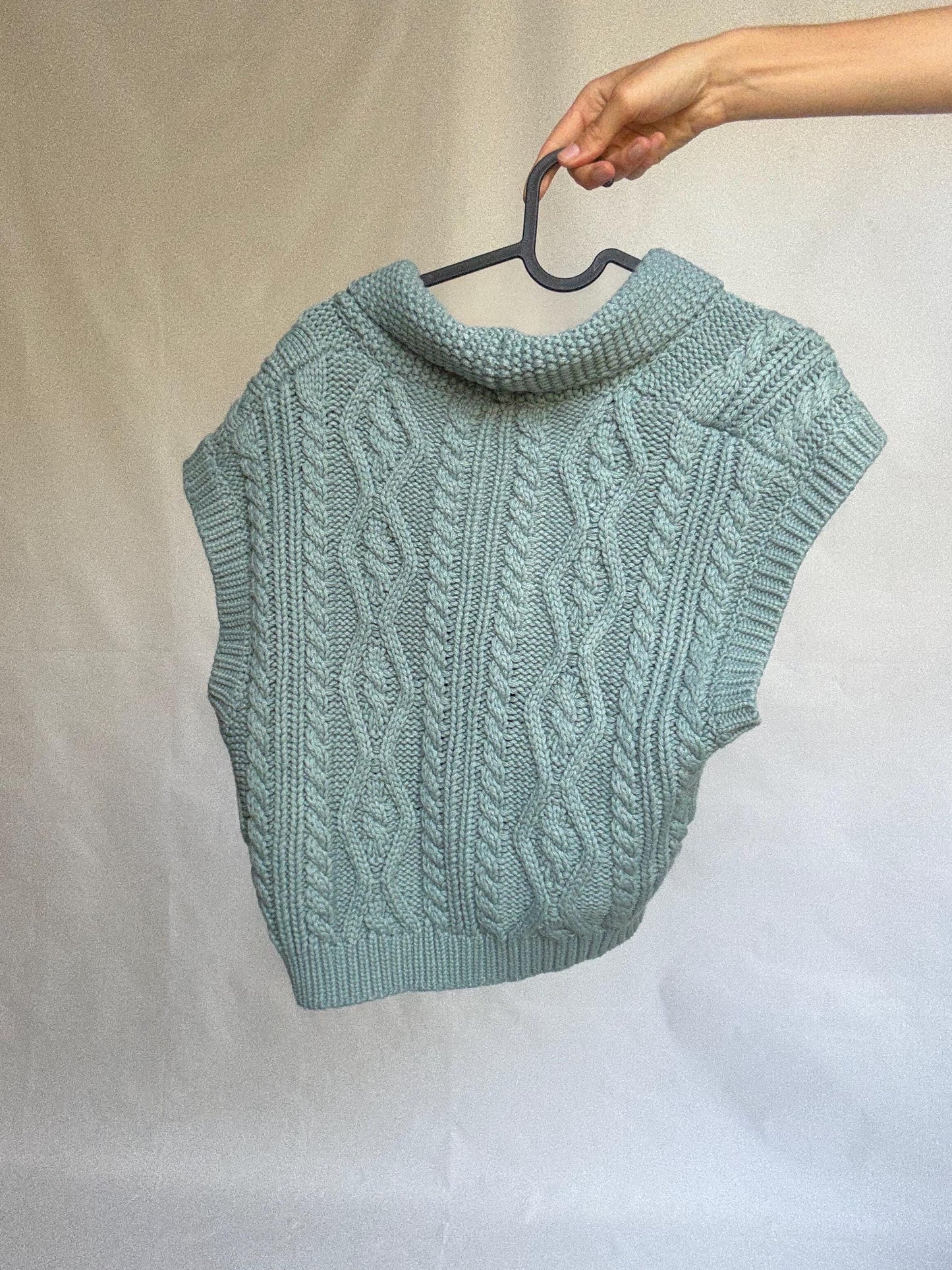 Soft knit cable vest with buttons, cropped cap sleeve sweater top, pale blue preppy core layering piece