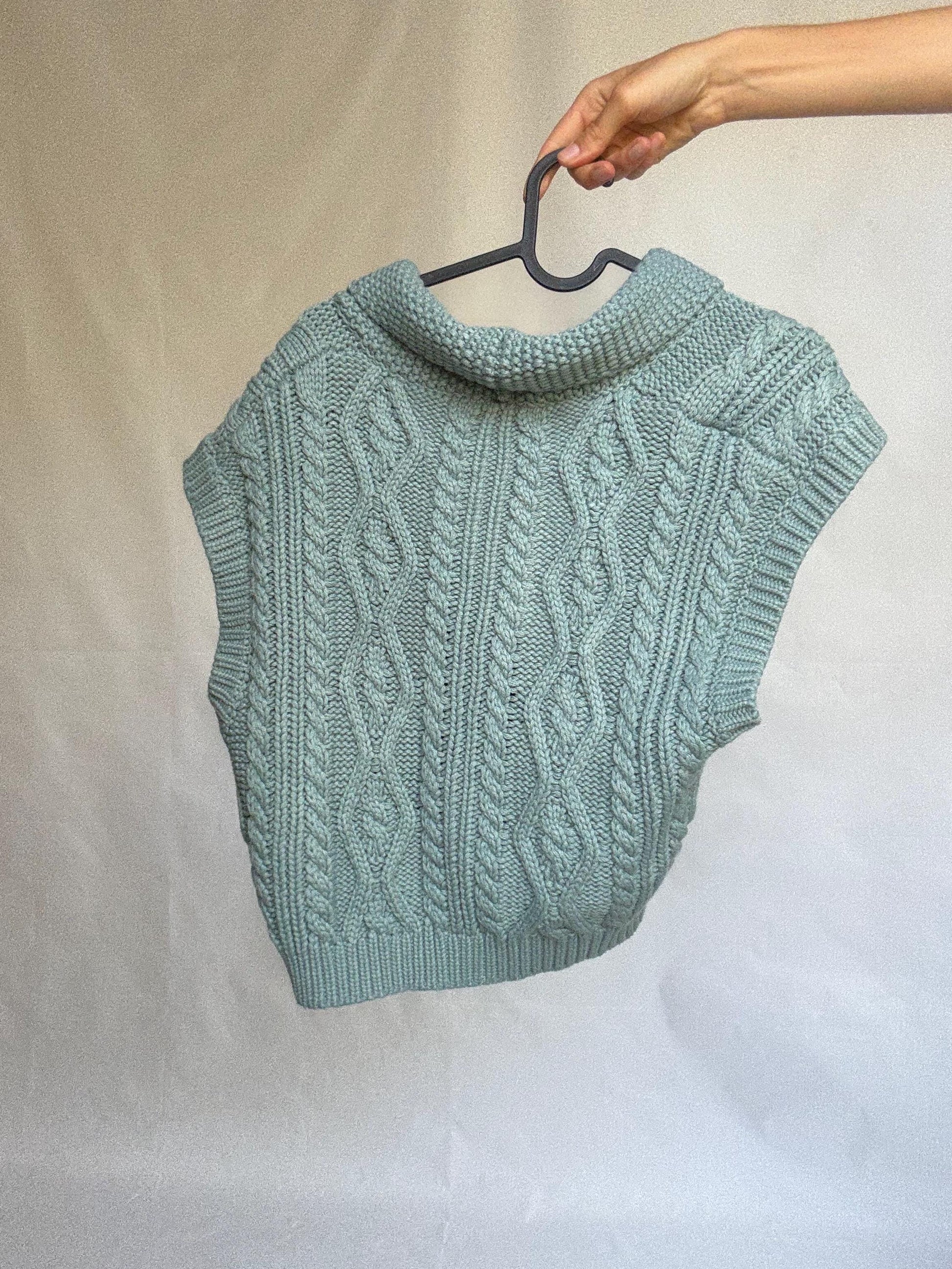 Soft knit cable vest with buttons, cropped cap sleeve sweater top, pale blue preppy core layering piece