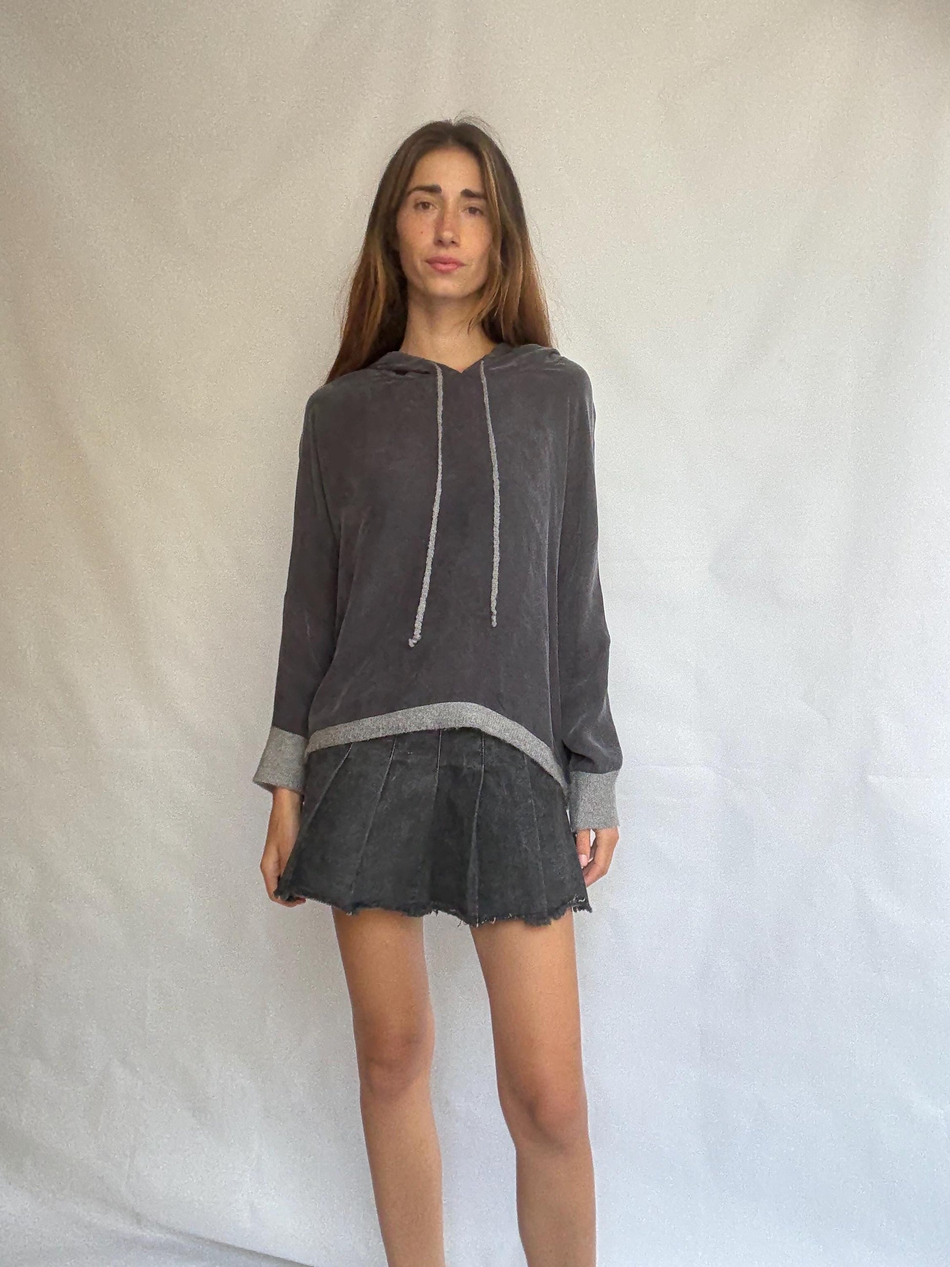 Southern Cotton hoodie XL – charcoal color feels silk blend pullover with wool trim – relaxed oversized fit – soft hooded sweater