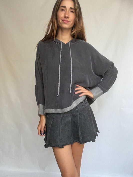 Southern Cotton hoodie XL – charcoal color feels silk blend pullover with wool trim – relaxed oversized fit – soft hooded sweater