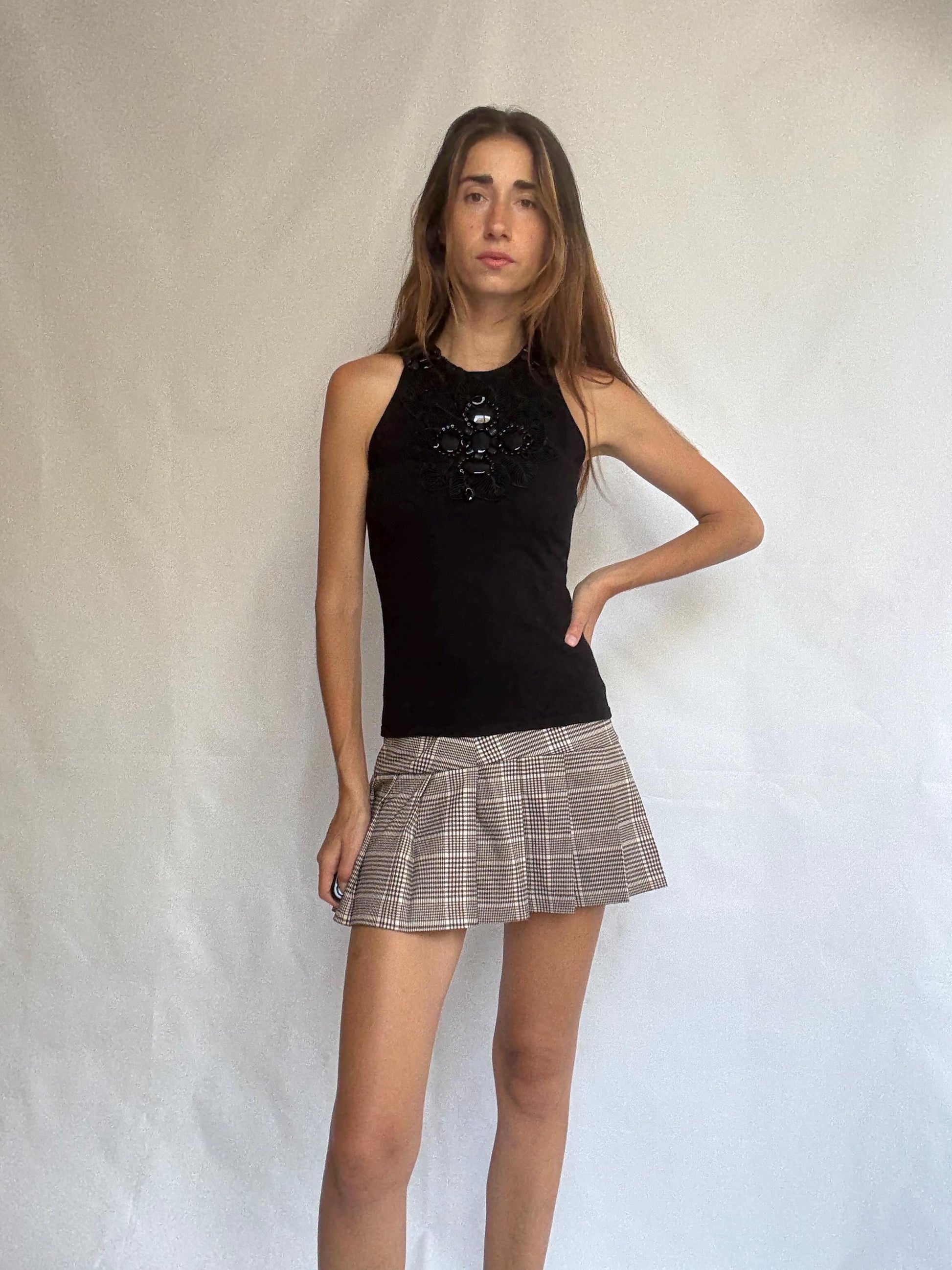Leo Guy black sleeveless top with statement beaded neckline, elegant fitted blouse, size M/L, floral embroidery detail