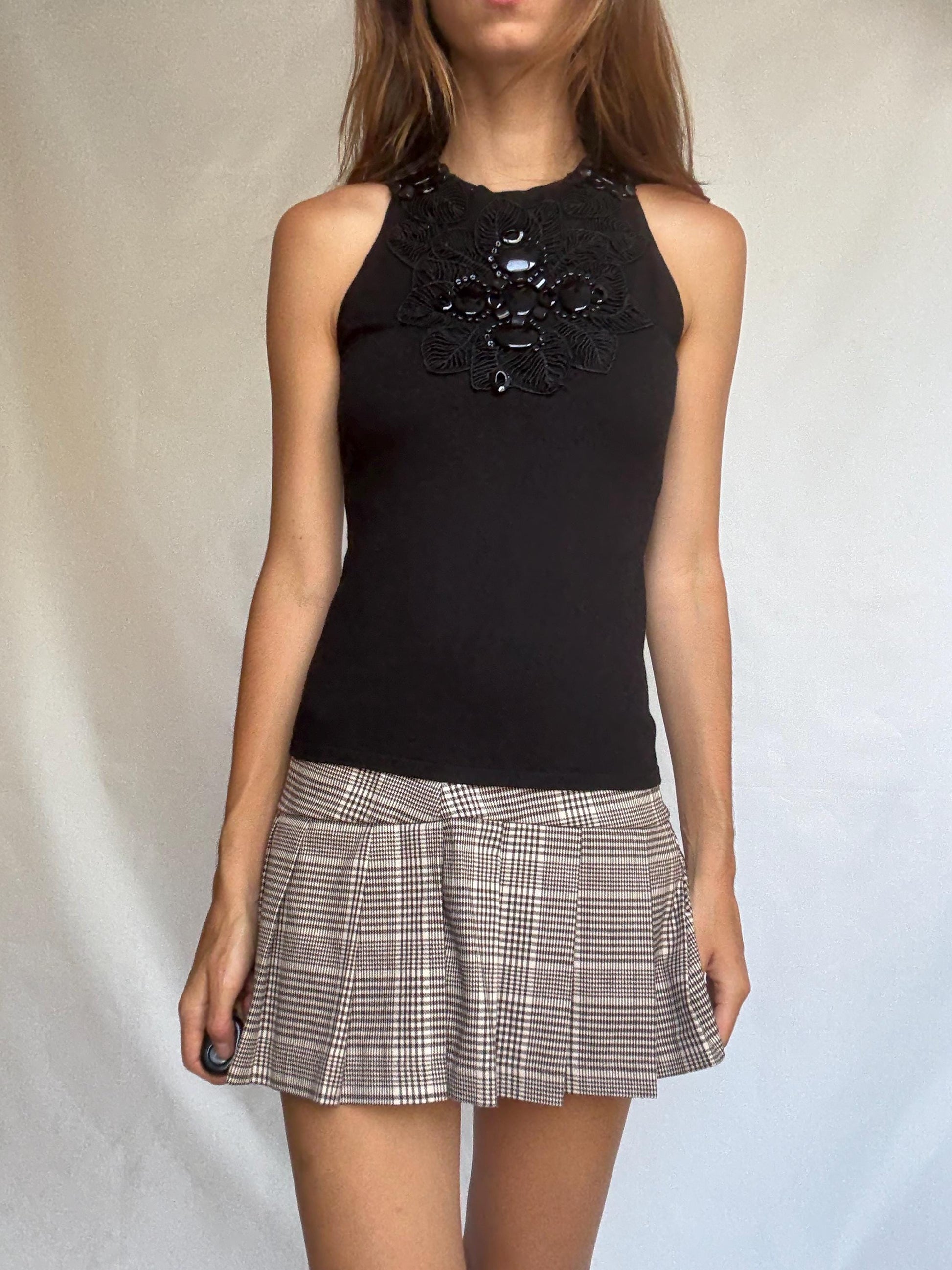Leo Guy black sleeveless top with statement beaded neckline, elegant fitted blouse, size M/L, floral embroidery detail