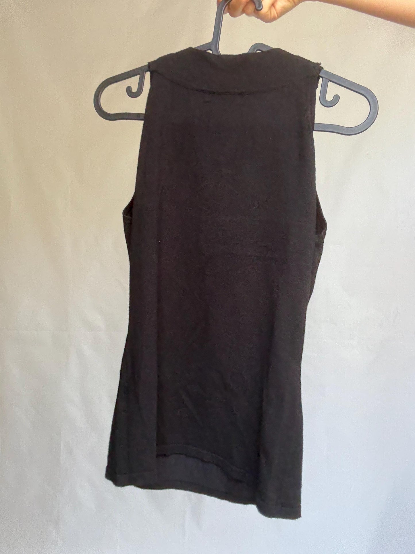 Leo Guy black sleeveless top with statement beaded neckline, elegant fitted blouse, size M/L, floral embroidery detail