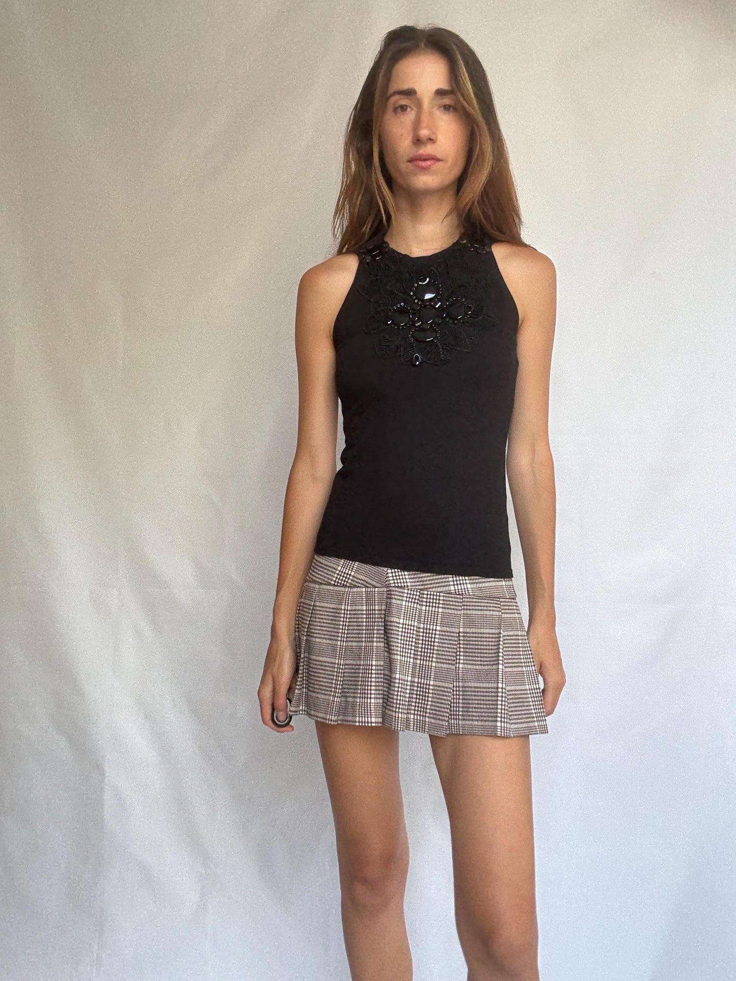 Leo Guy black sleeveless top with statement beaded neckline, elegant fitted blouse, size M/L, floral embroidery detail