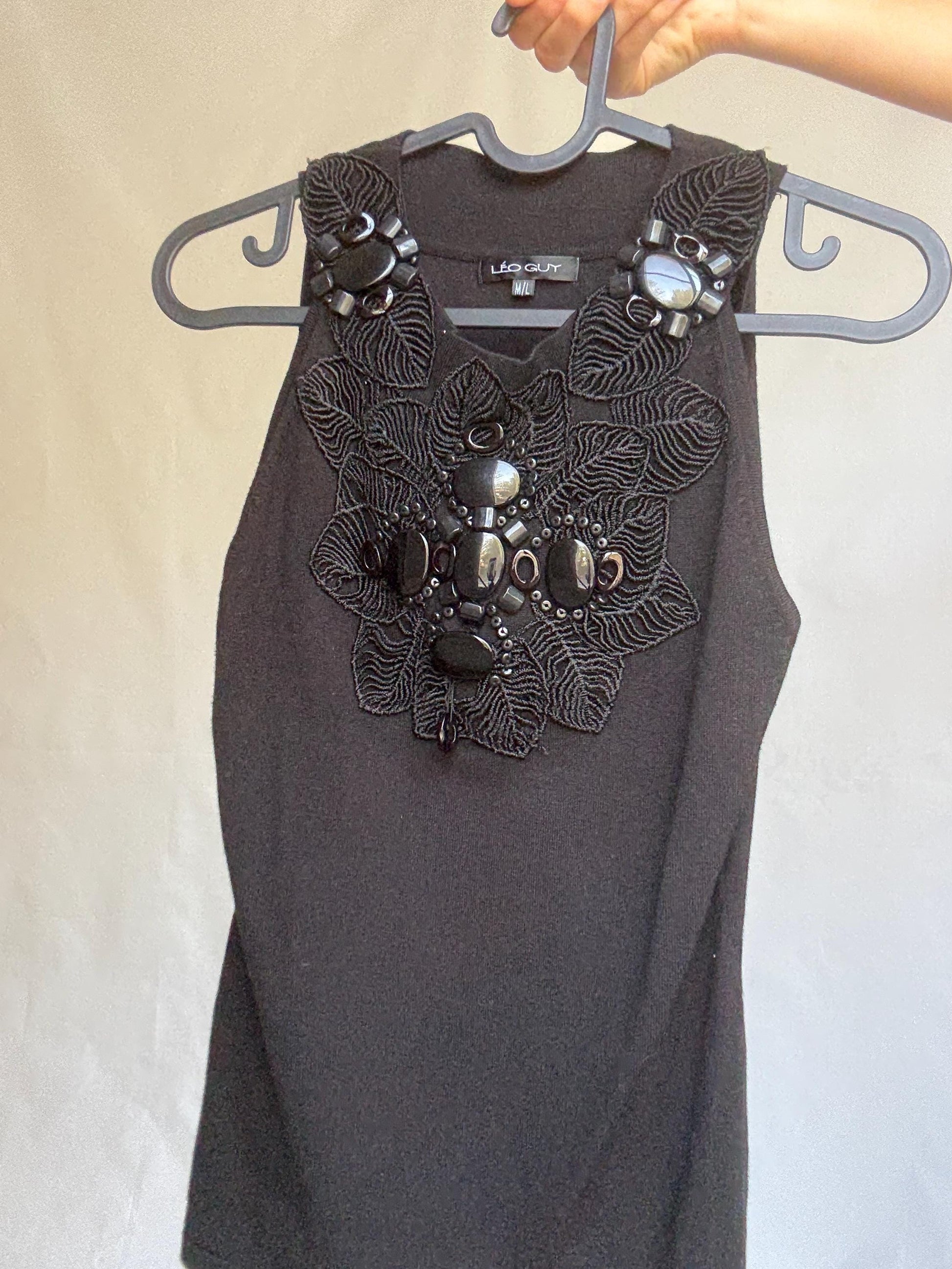 Leo Guy black sleeveless top with statement beaded neckline, elegant fitted blouse, size M/L, floral embroidery detail