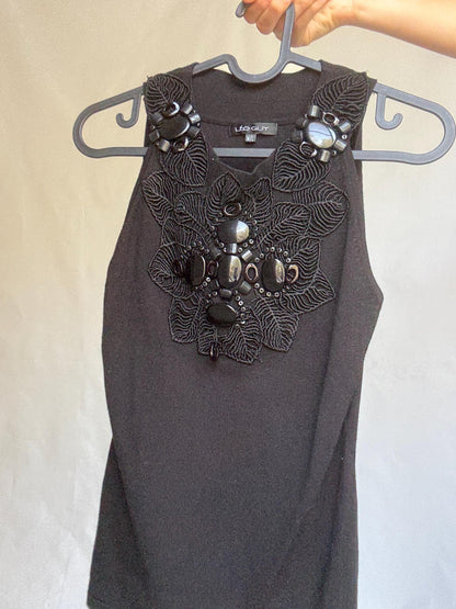 Leo Guy Black Beaded Top, Floral Embroidered Sleeveless Blouse