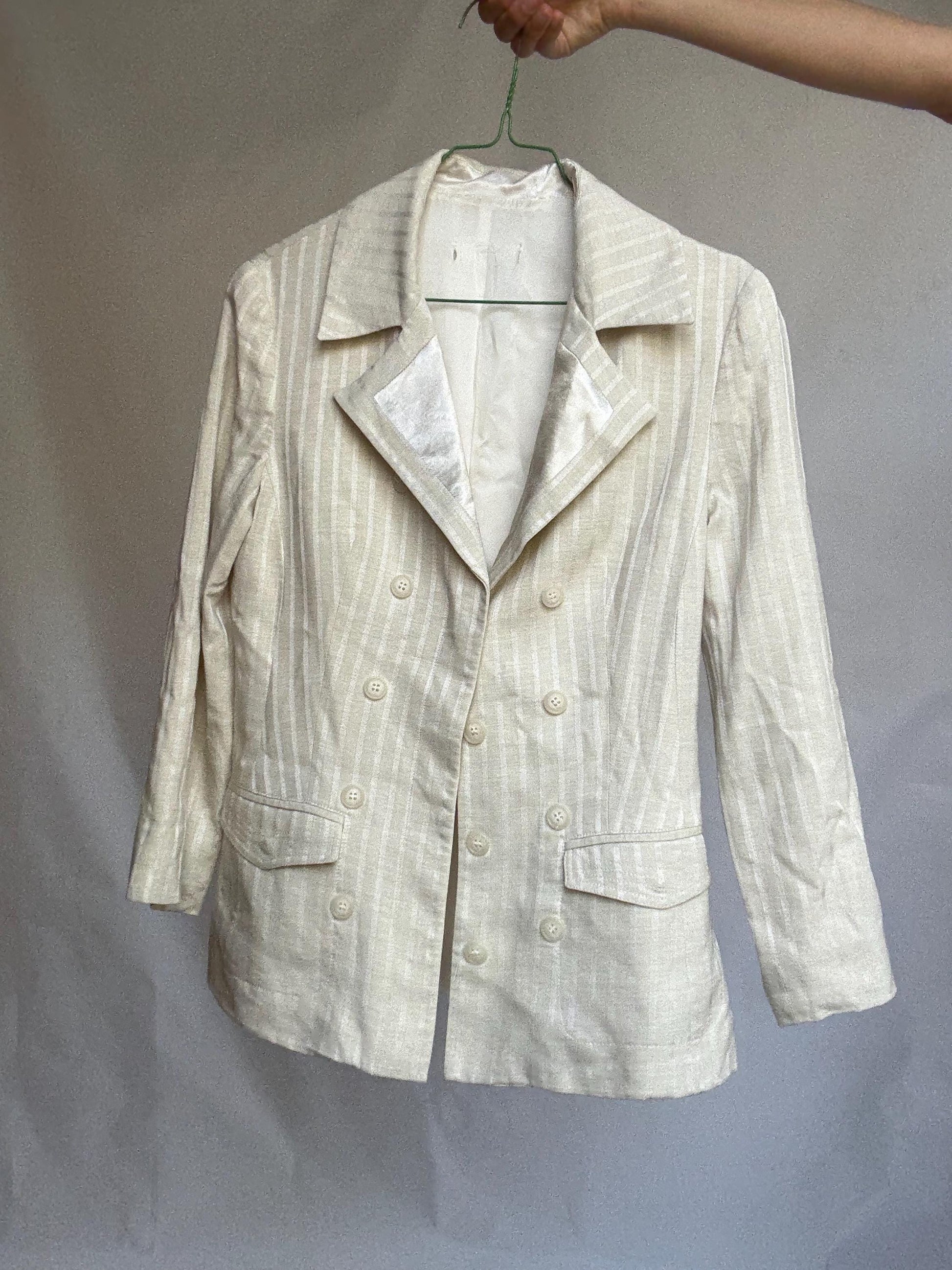 Chic ivory striped blazer with double-breasted buttons, tailored neutral jacket with light structure