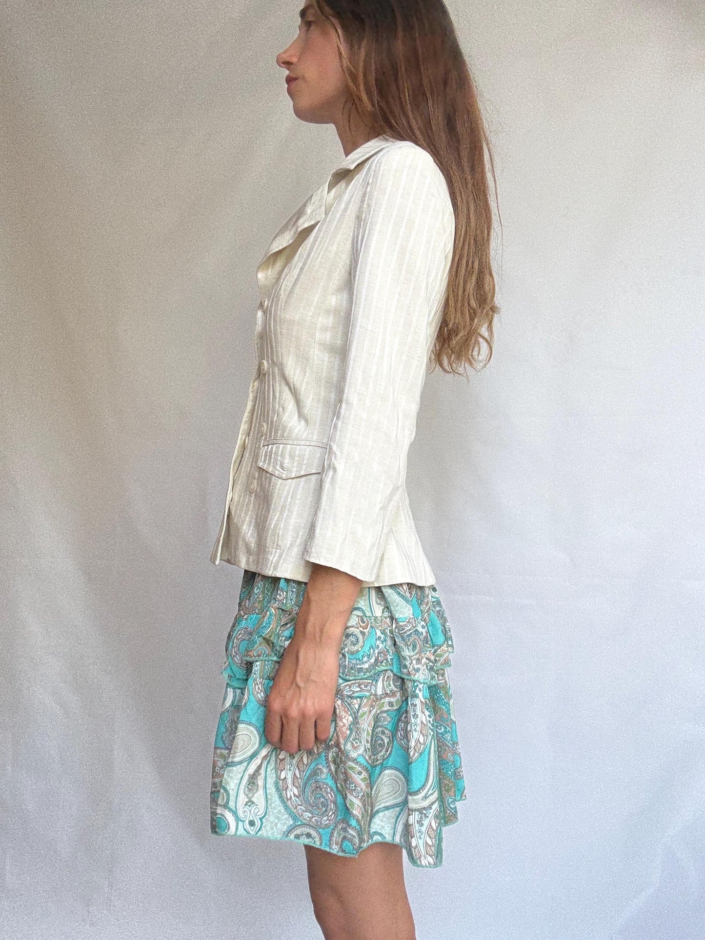 Chic ivory striped blazer with double-breasted buttons, tailored neutral jacket with light structure